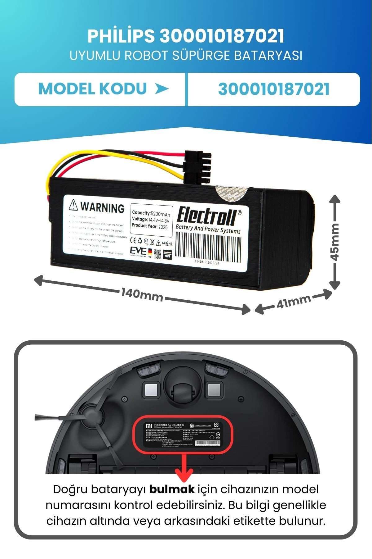Philips 300010187021 Uyumlu Batarya (ORJİNAL KAPASİTE) 5200mah Pil Robot Süpürge Bataryası Değişimi