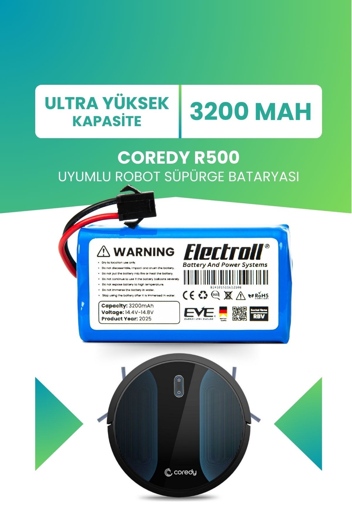 Coredy R500 Uyumlu Batarya (ULTRA YÜKSEK KAPASİTE) 3200mah Pil Akıllı Robot Süpürge Bataryası