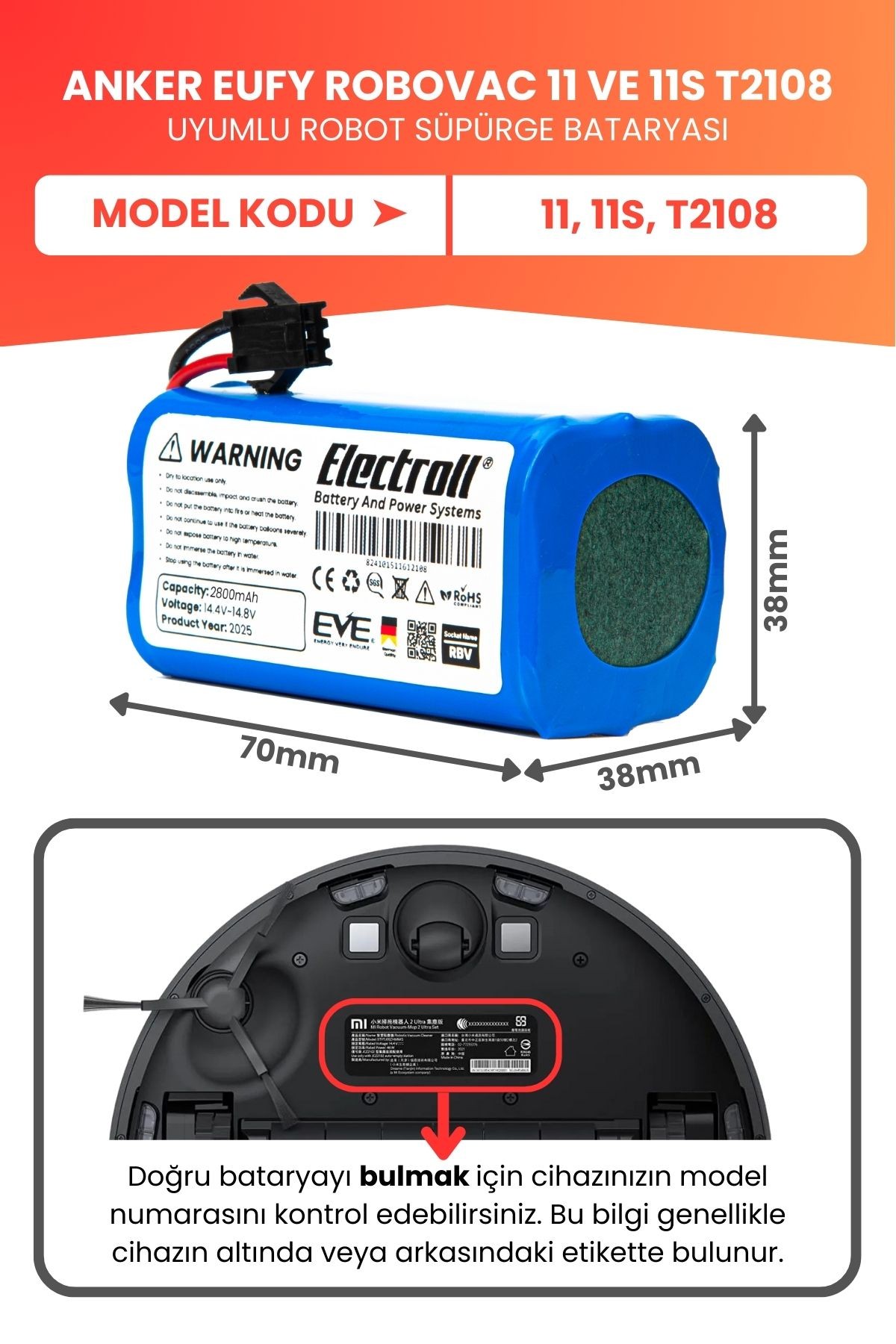 Eufy Robovac 11 Ve 11s T2108 Uyumlu Batarya (YÜKSEK KAPASİTE) 2800mah Robot Süpürge Bataryası