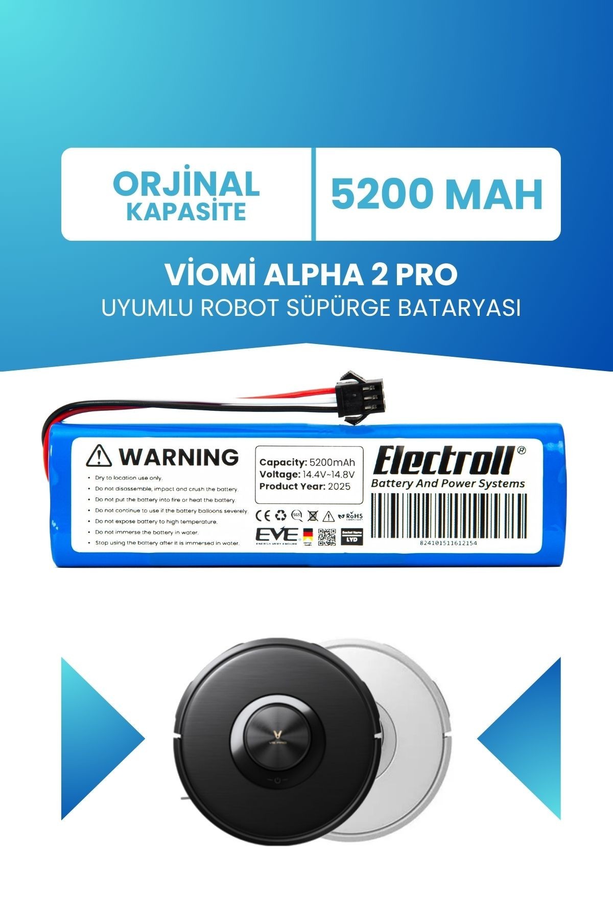 Viomi Alpha 2 Pro Uyumlu Batarya (ORJİNAL KAPASİTE) 5200mah Pil Robot Süpürge Bataryası Değişimi