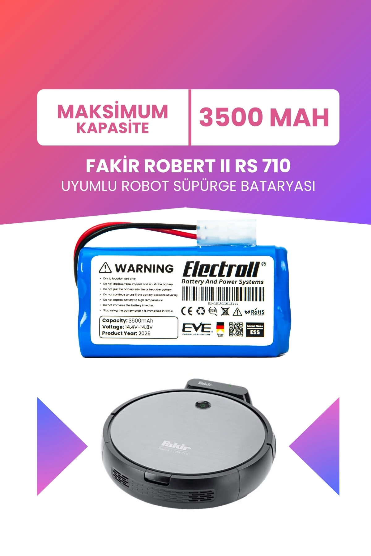 Fakir Robert Iı Rs 710 Uyumlu Batarya (MAKSİMUM KAPASİTE) 3500mah Robot Süpürge Bataryası