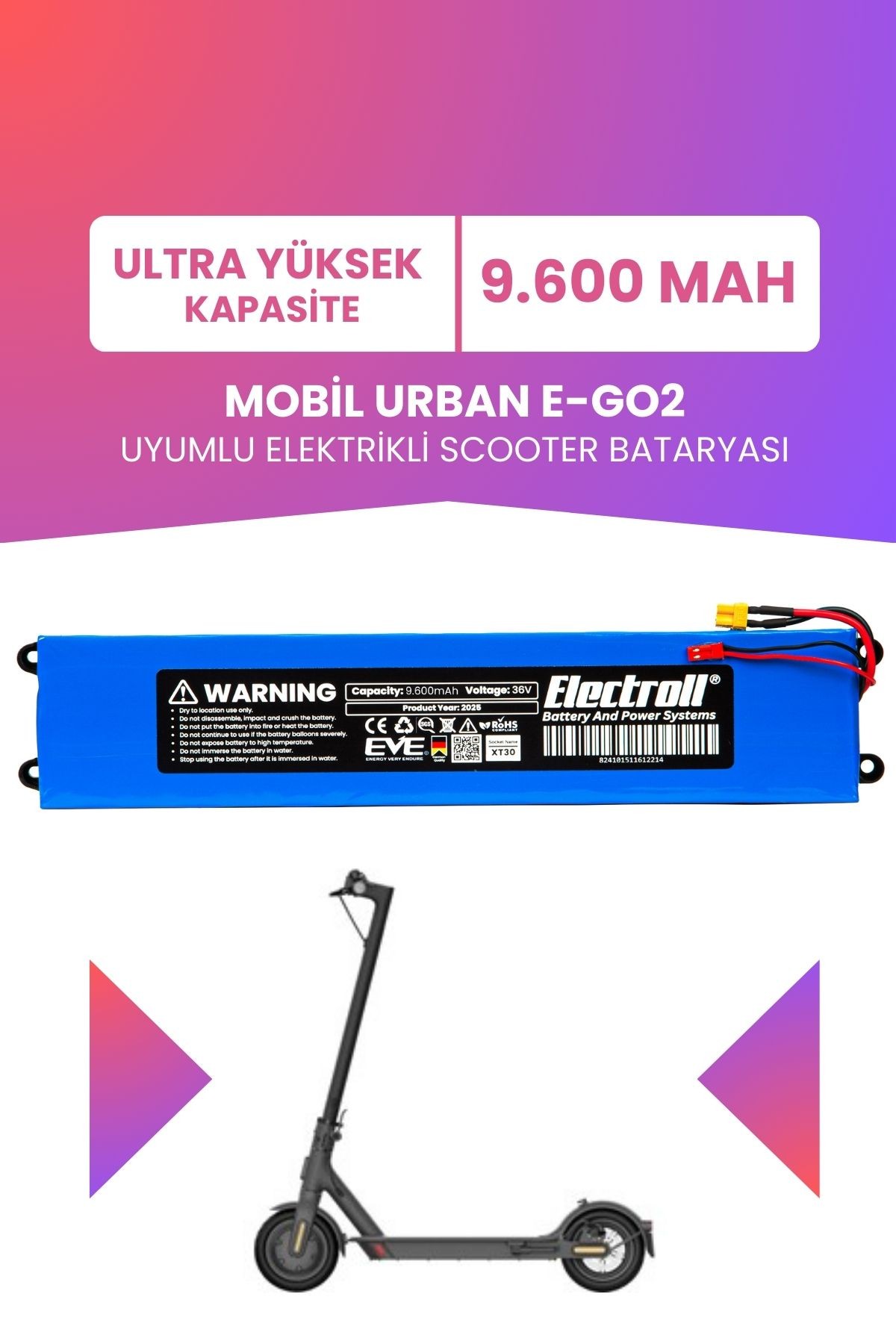 Mobil Urban E-GO2 Batarya (ULTRA YÜKSEK KAPASİTE) 36v 9.600mah Pil Elektrikli Scooter Bataryası