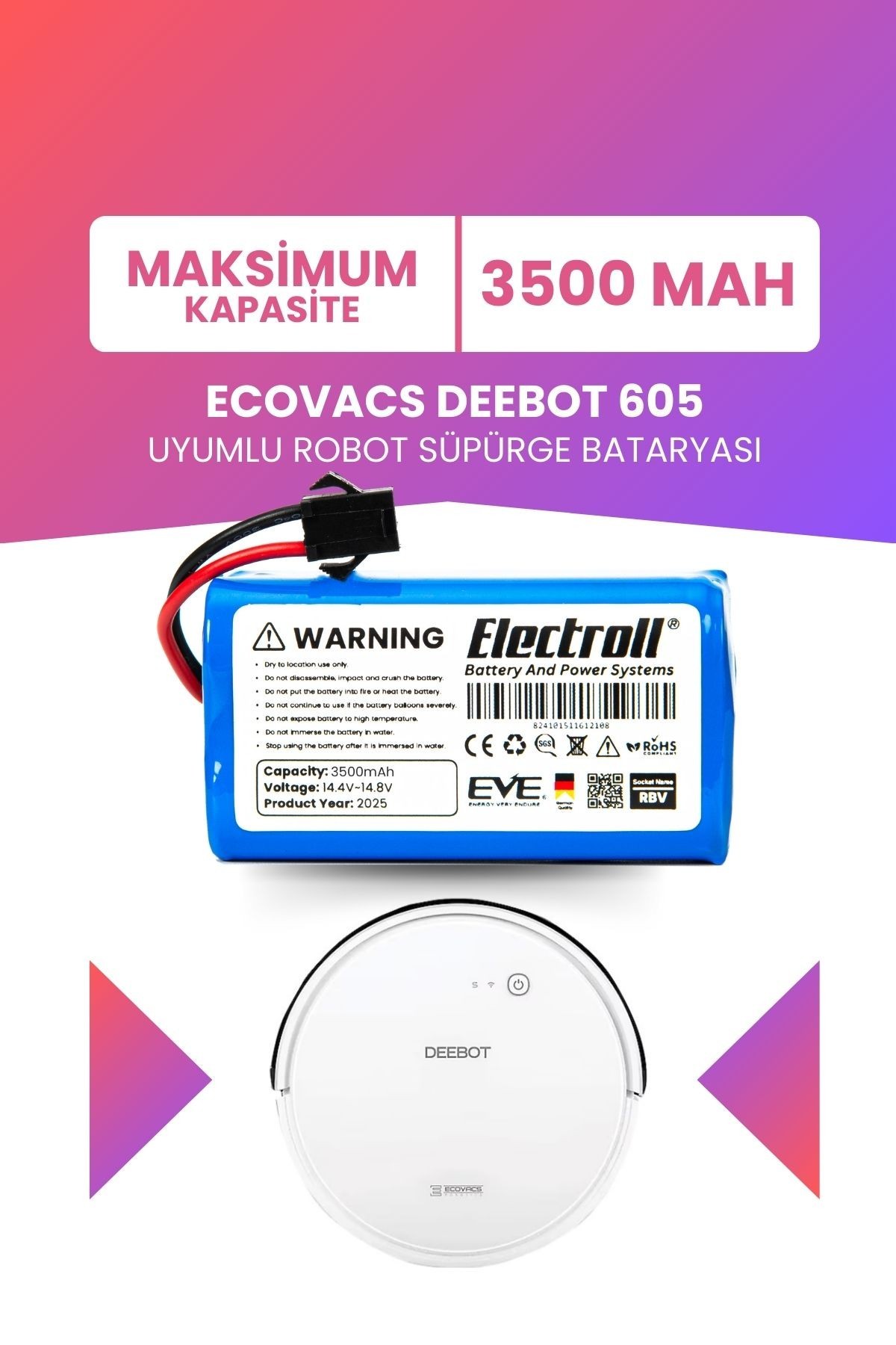 Ecovacs Deebot 605 Uyumlu Batarya (MAKSİMUM KAPASİTE) 3500mah Pil Robot Süpürge Bataryası