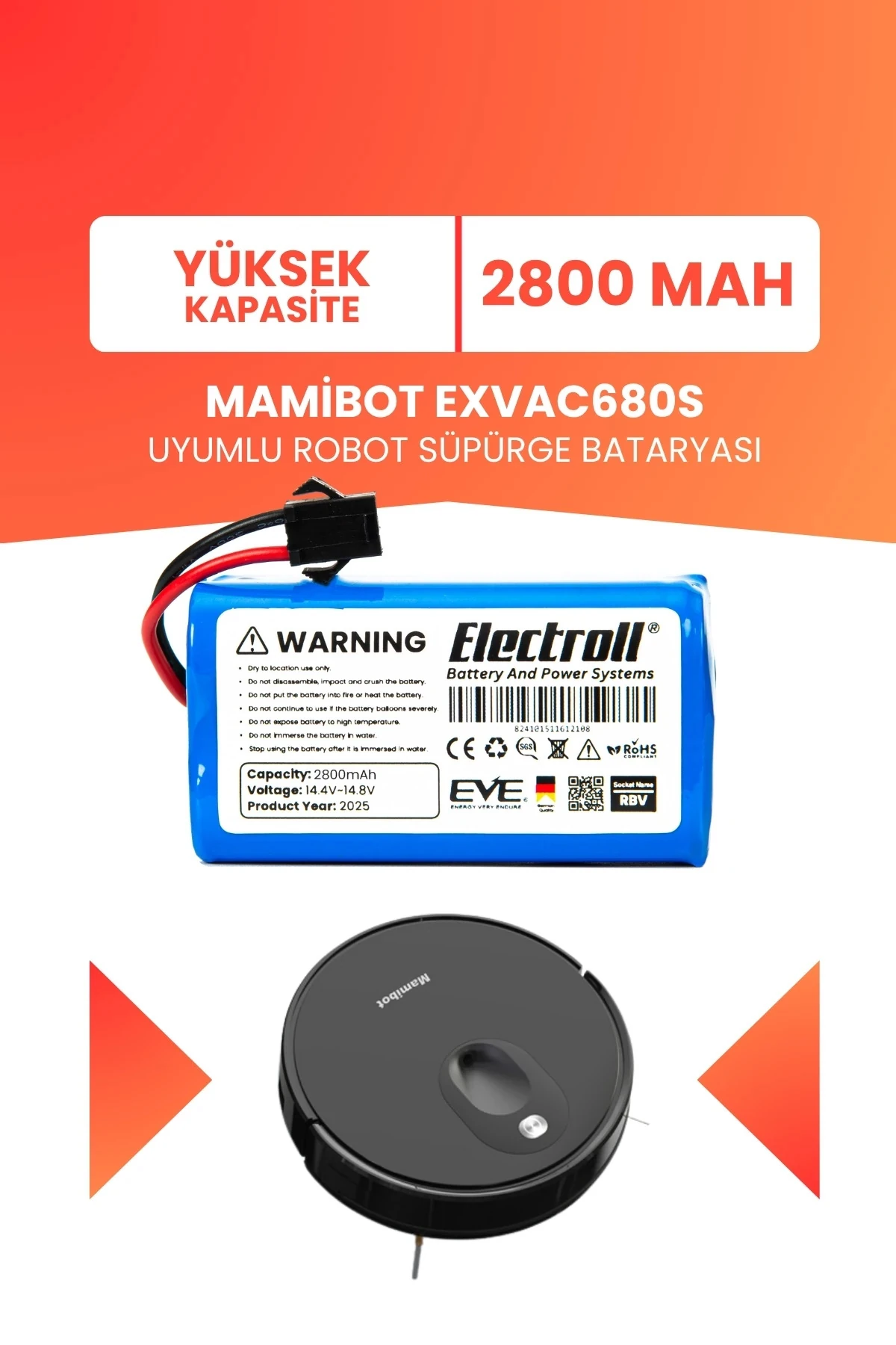 Mamibot Exvac680s Uyumlu Batarya (YÜKSEK KAPASİTE) 2800mah Pil Robot Süpürge Bataryası