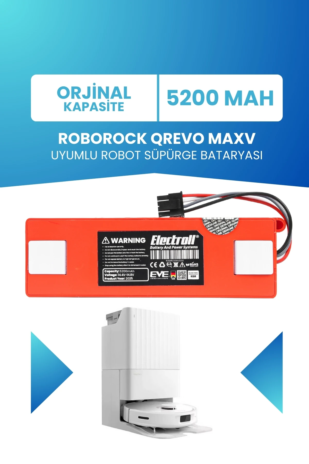 ROBOROCK QREVO MAXV Uyumlu Batarya (Orjinal Kapasite) 5200MAH Pil Robot Süpürge Batarya Değişimi