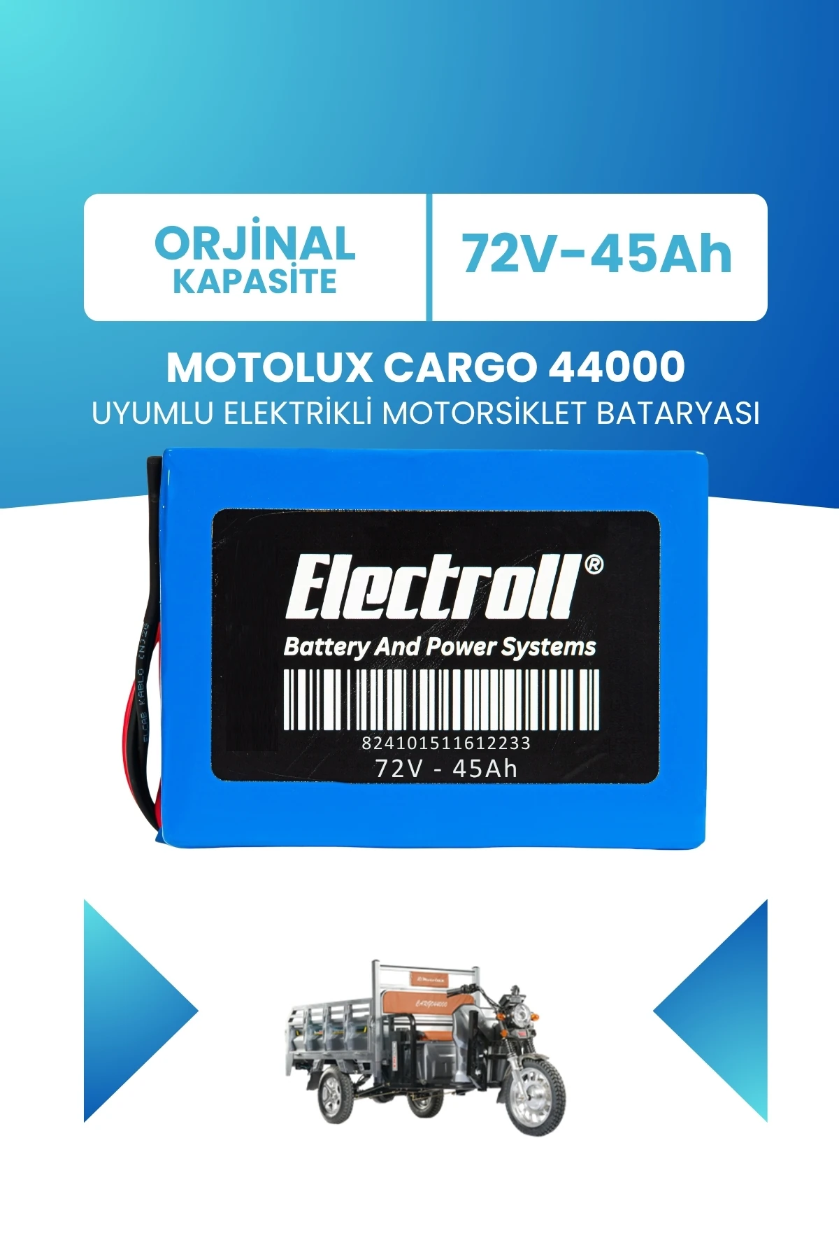 Motolux Cargo 44000 Uyumlu Batarya (Standart Kapasite) LiFePO4 72V 45Ah Elektrikli Motorsiklet Bataryası