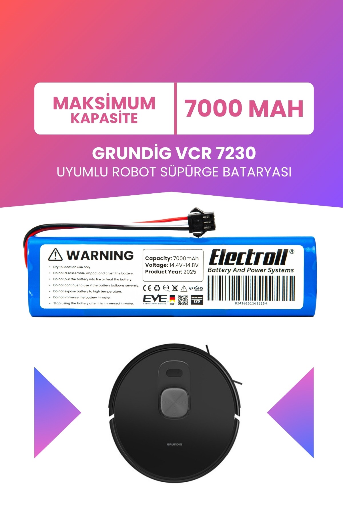 Grundig Vcr 7230 Uyumlu Batarya (MAKSİMUM KAPASİTE) 7000mah Robot Süpürge Bataryası