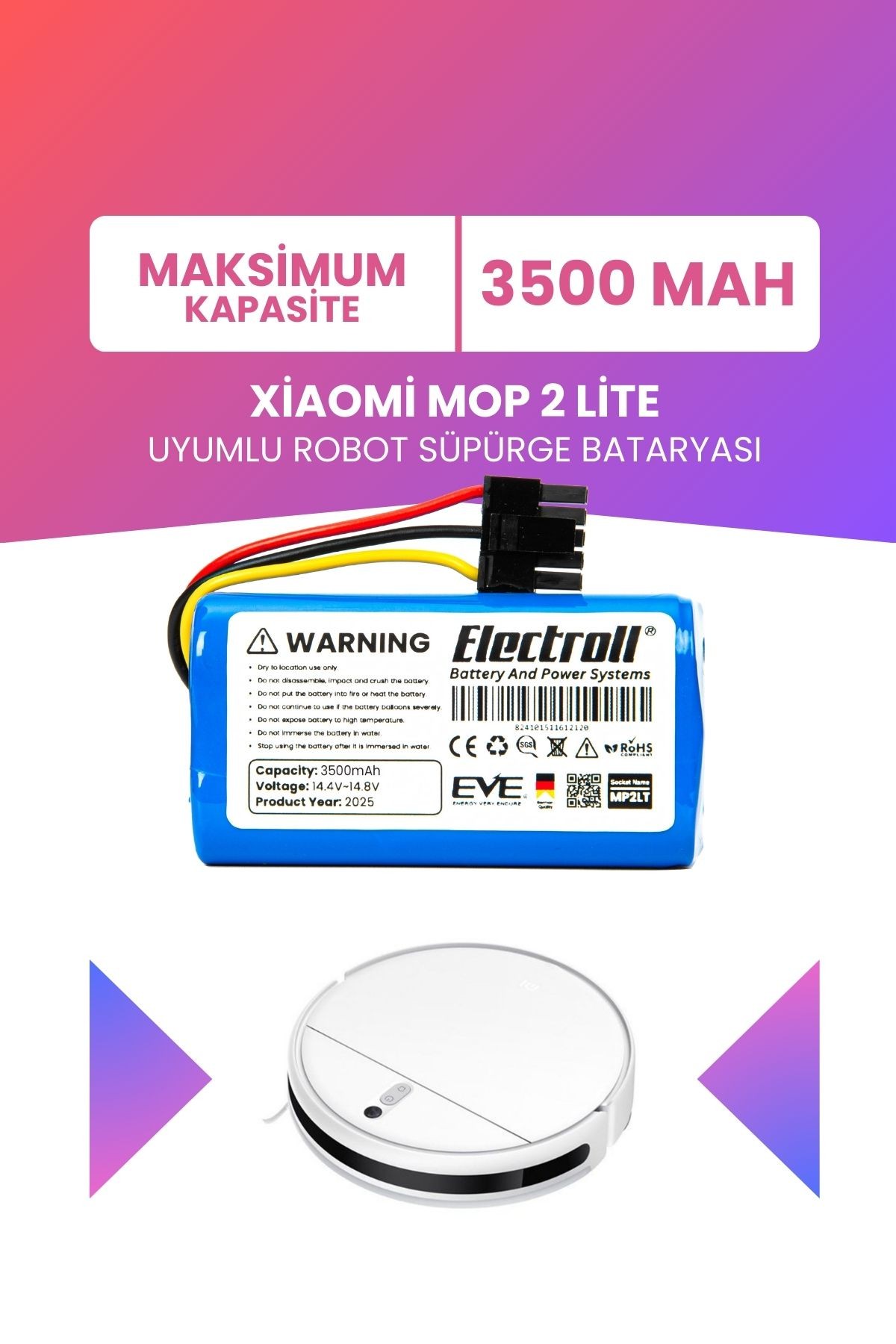 Xiaomi Mop 2 Lite Uyumlu Batarya (MAKSİMUM KAPASİTE) 3500mah Pil Robot Süpürge Bataryası BHR5217EU