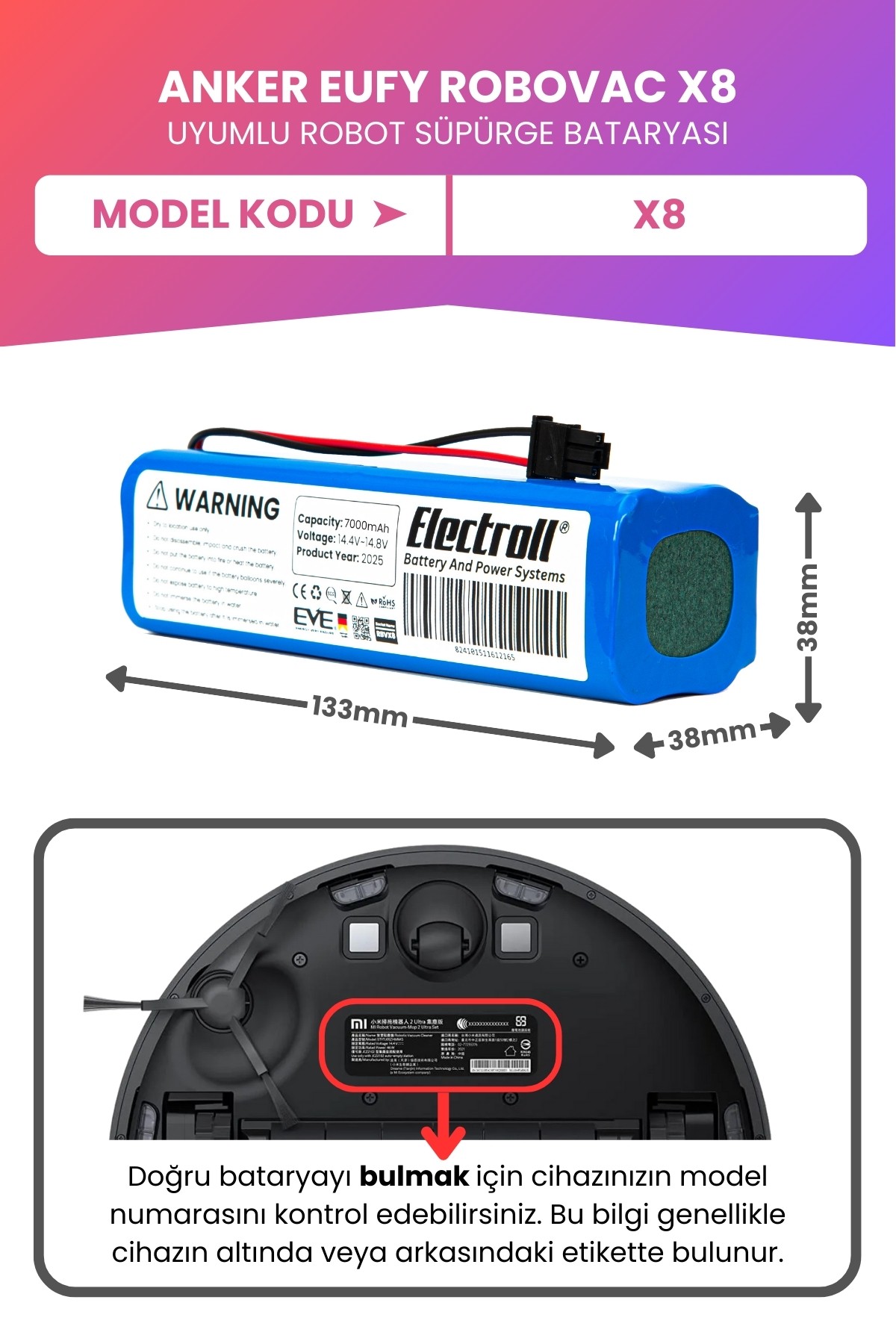 Anker Eufy Robovac X8 Hybrid Uyumlu Batarya (MAKSİMUM KAPASİTE) 7000mah Pil Süpürge Batarya Değişimi