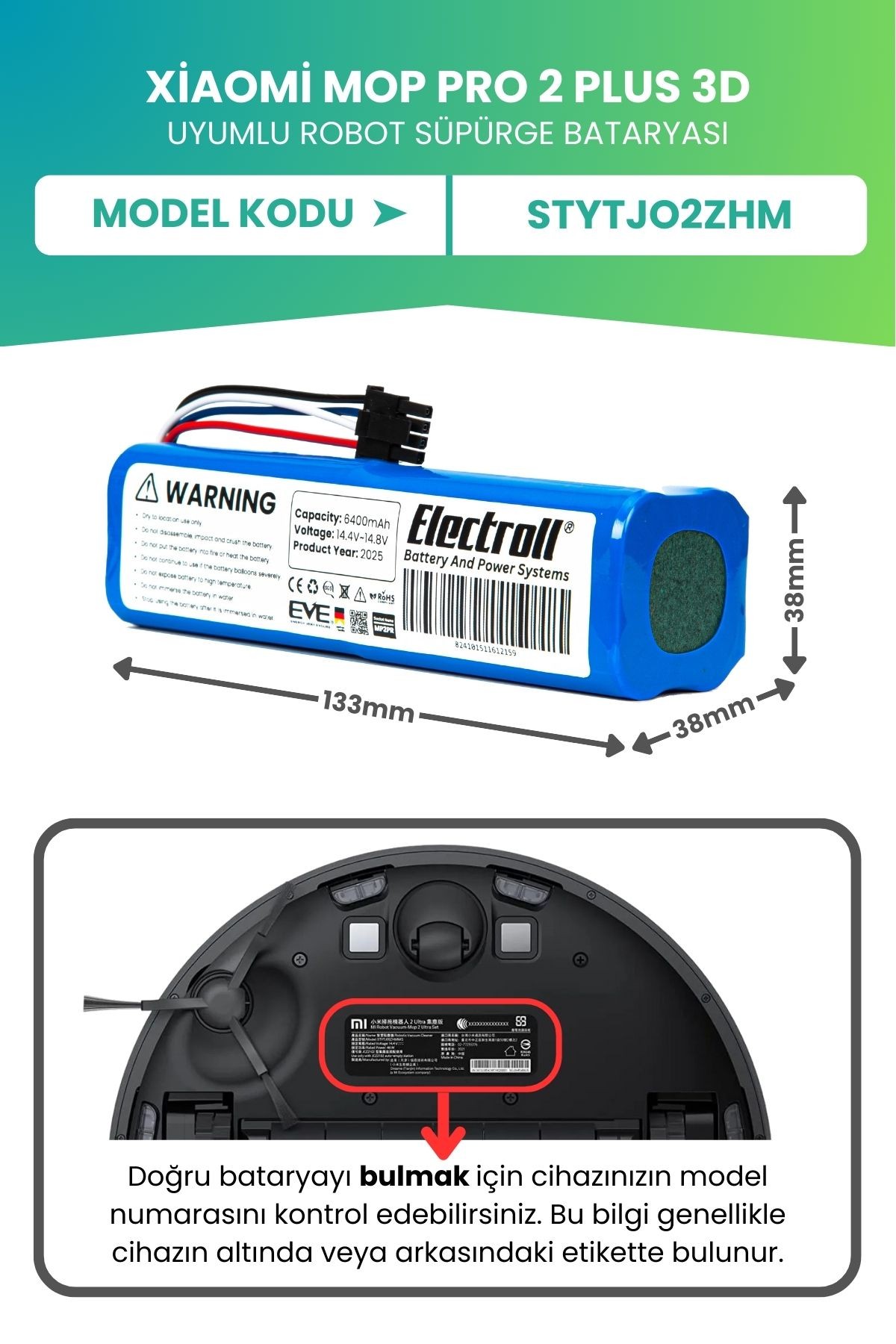 Xiaomi Mop Pro 2 Plus 3d Stytjo2zhm Uyumlu Batarya (ULTRA YÜKSEK KAPASİTE) 6400mah Robot Süpürge