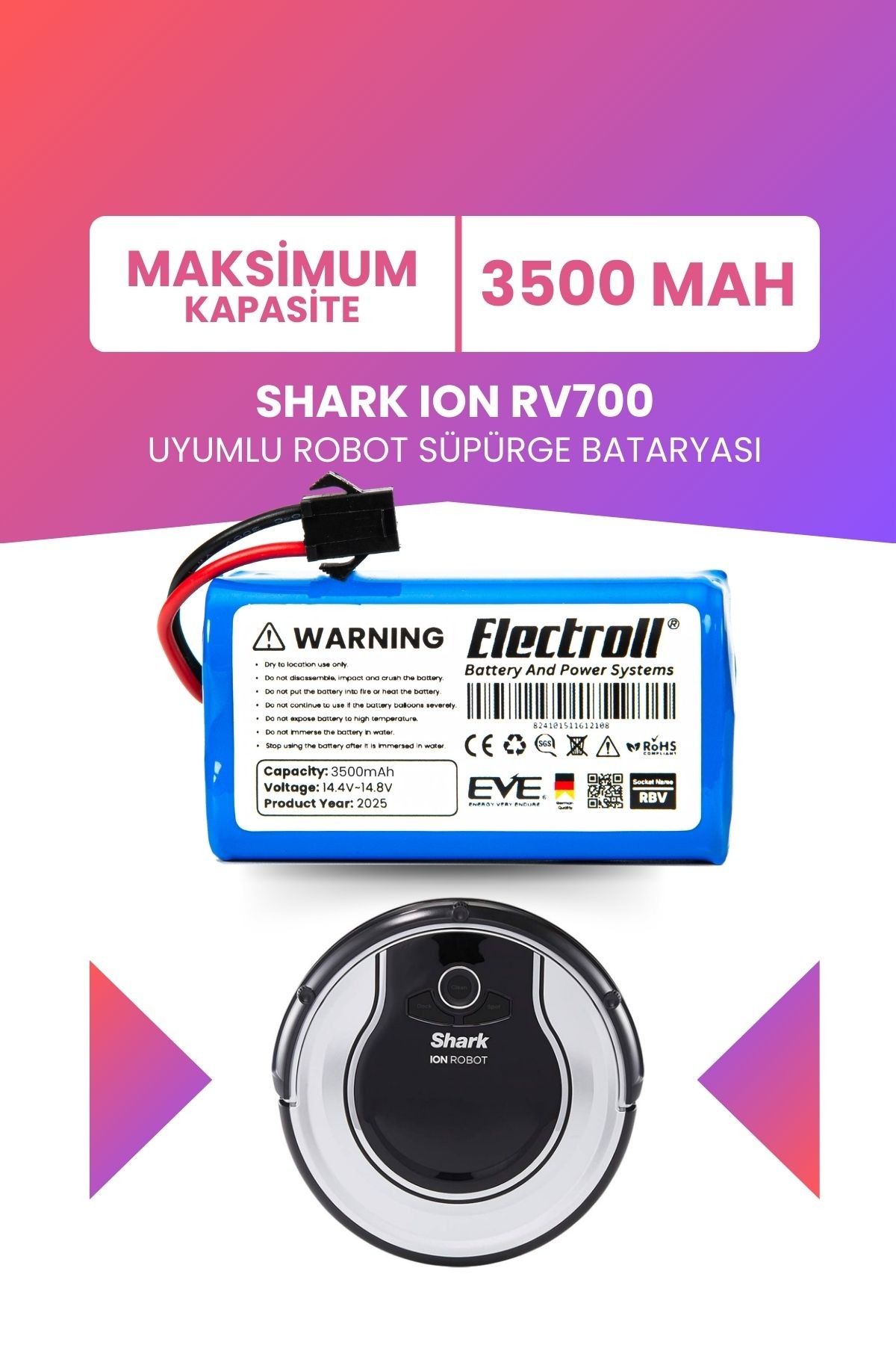Shark Ion Rv700 Uyumlu Batarya (MAKSİMUM KAPASİTE) 3500mah Pil Robot Süpürge Bataryası