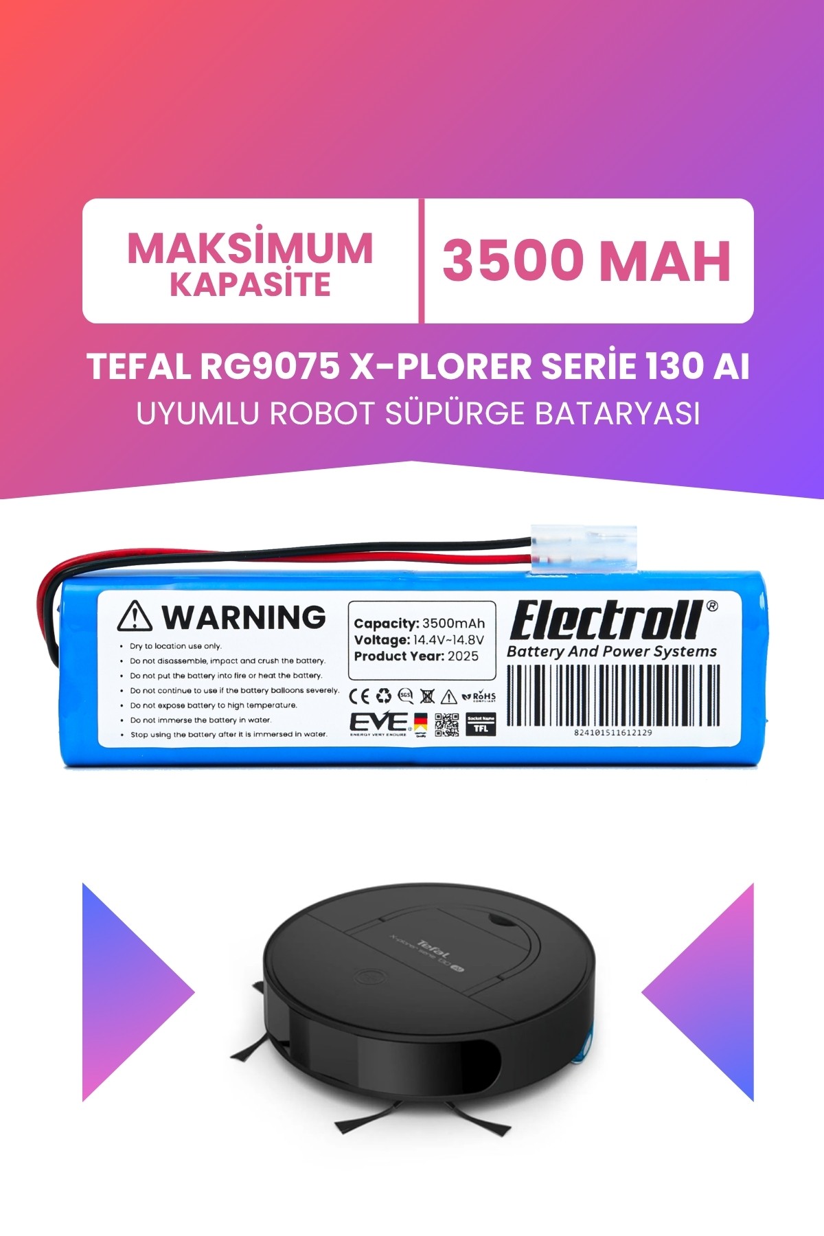 Tefal RG9075 X-Plorer Serie 130 AI Uyumlu Batarya (MAKSİMUM KAPASİTE) 3500mah Pil Robot Süpürge Bataryası