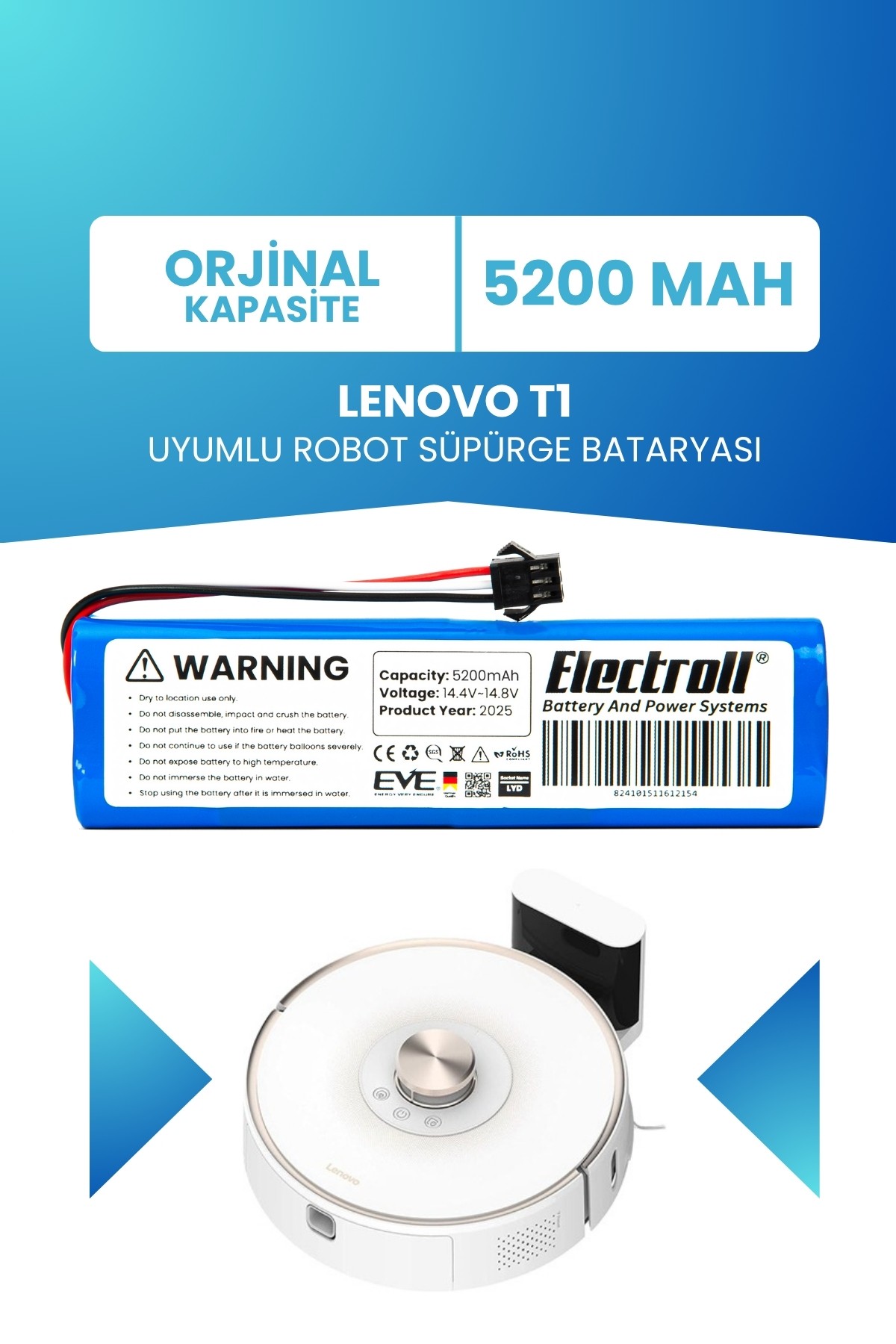 Lenovo T1 Uyumlu Batarya (STANDART KAPASİTE) 5200mah Pil Robot Süpürge Bataryası Değişimi