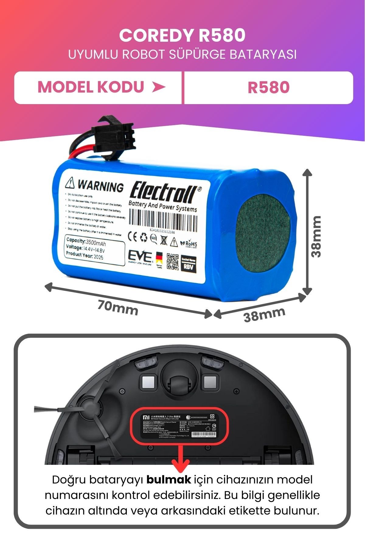 Coredy R580 Uyumlu Batarya (MAKSİMUM KAPASİTE) 3500mah Pil Akıllı Robot Süpürge Bataryası
