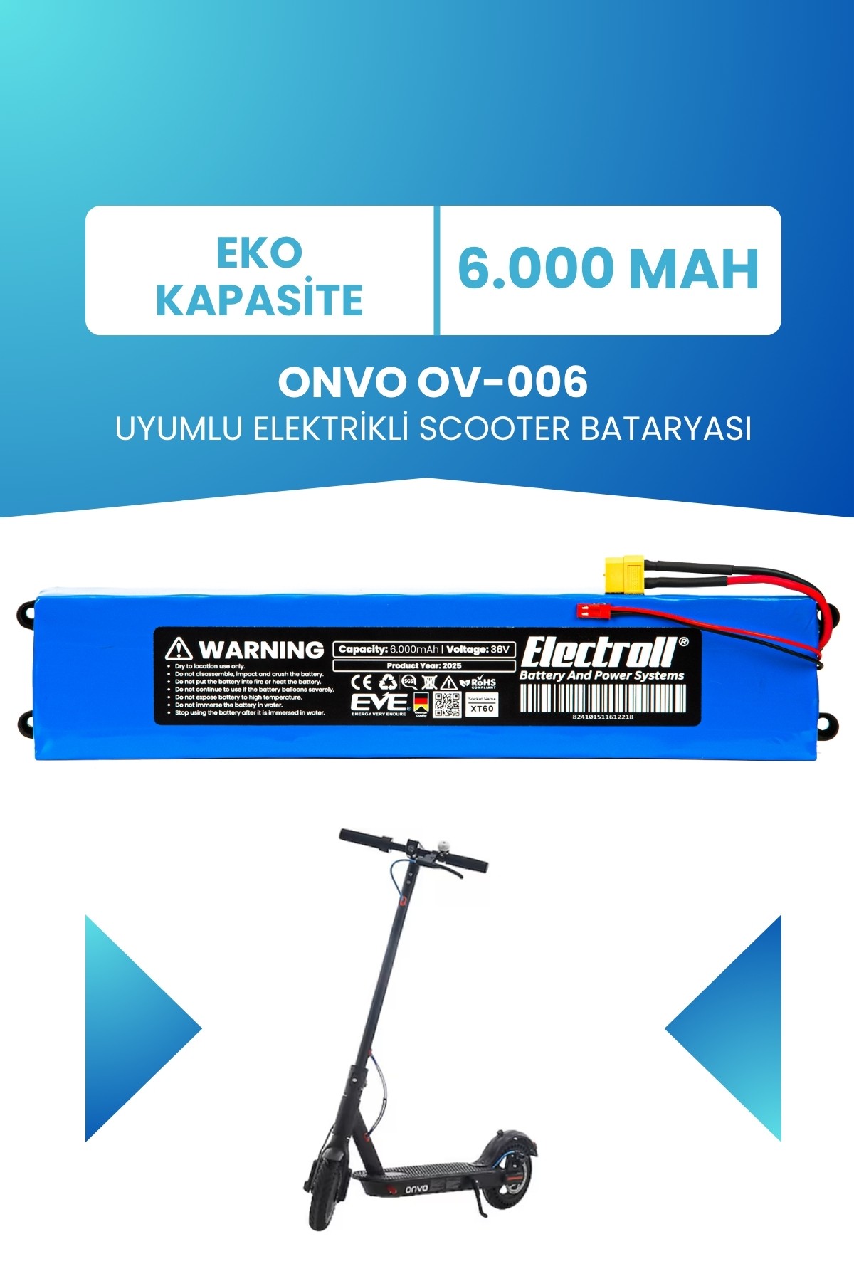 Onvo Ov-006 Uyumlu Batarya (Eko Kapasite) 36v 6.000Mah Elektrikli Scooter Bataryası