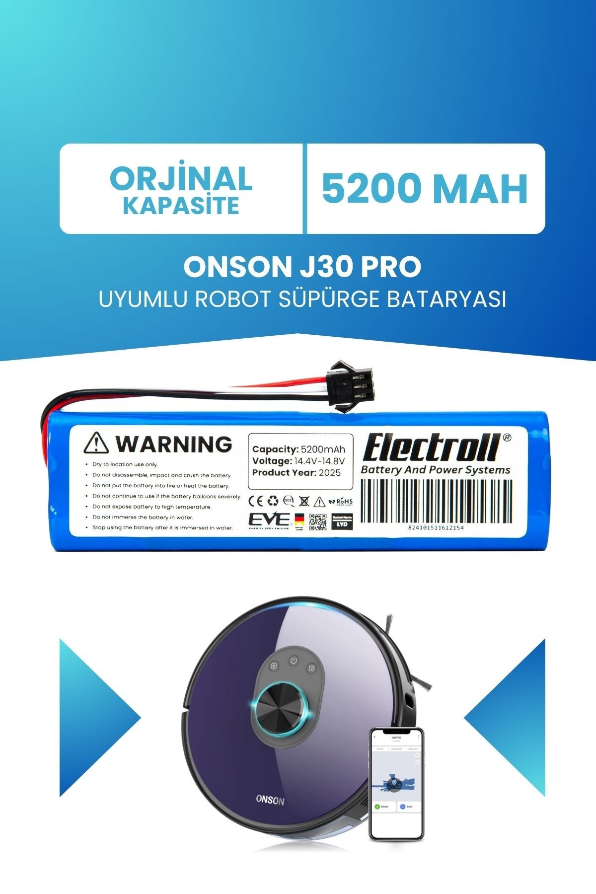 Onson J30 Pro Uyumlu Batarya (ORJİNAL KAPASİTE) 5200mah Pil Robot Süpürge Bataryası Değişimi