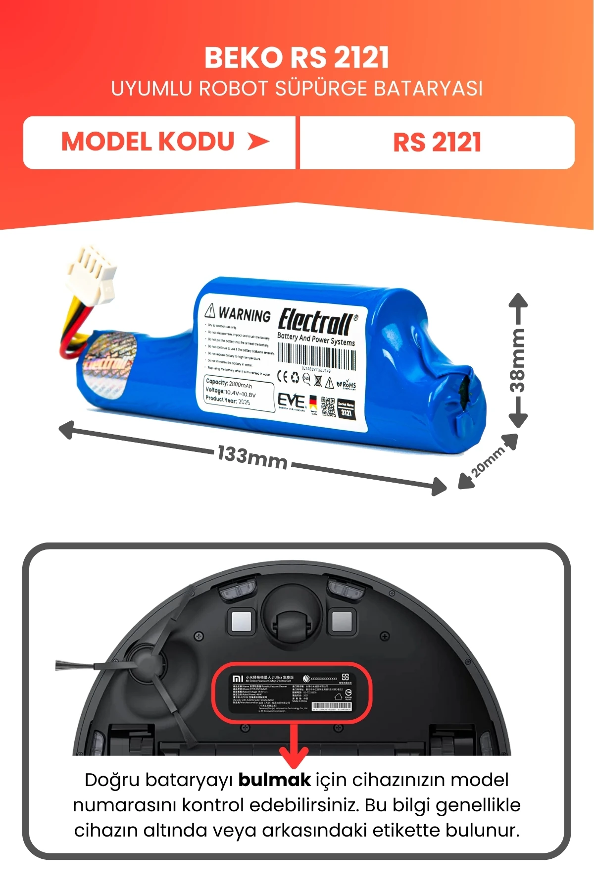 BEKO RS 2121 Uyumlu Batarya (YÜKSEK KAPASİTE) 2800mah Pil Robot Süpürge Bataryası Değişimi