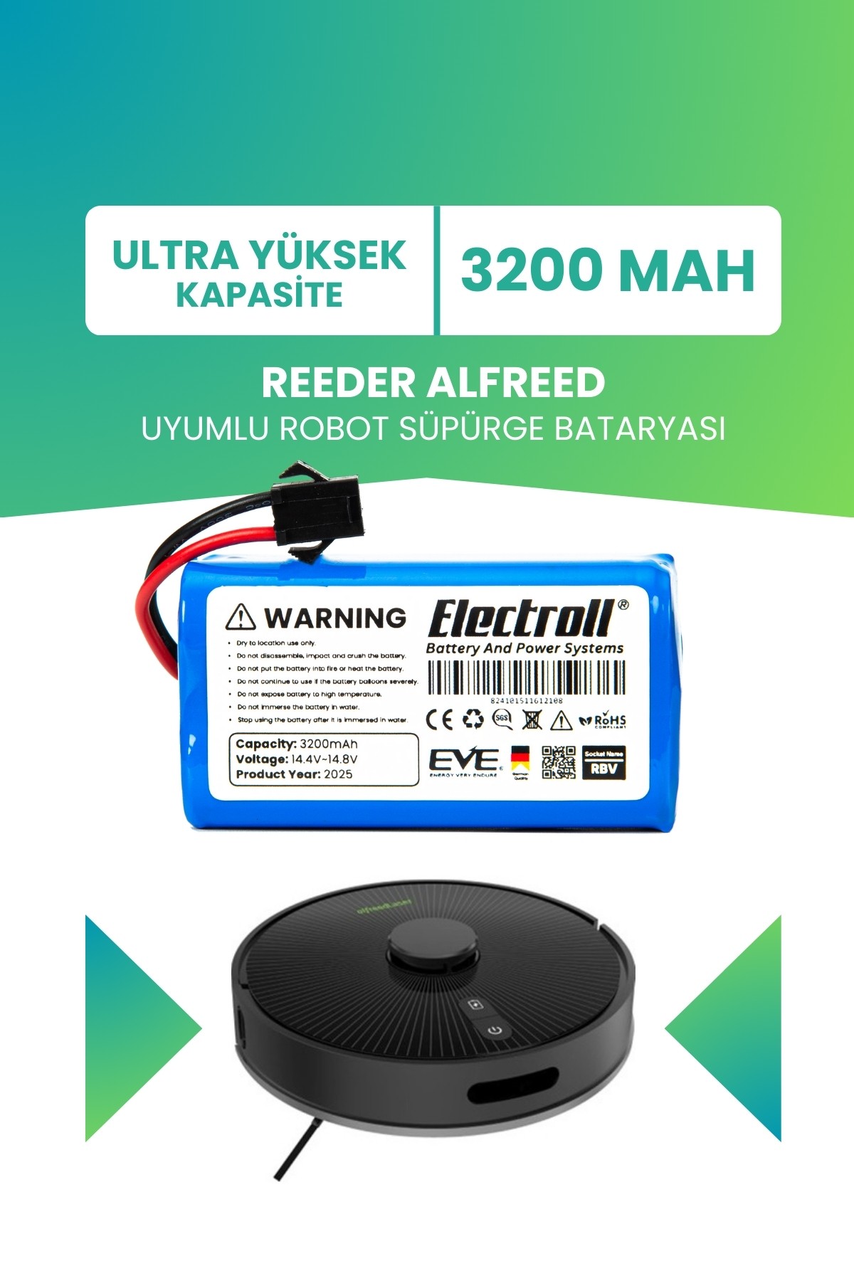 Reeder Alfreed Uyumlu Batarya (ULTRA YÜKSEK KAPASİTE) 3200mah Pil Robot Süpürge Batarya Değişimi