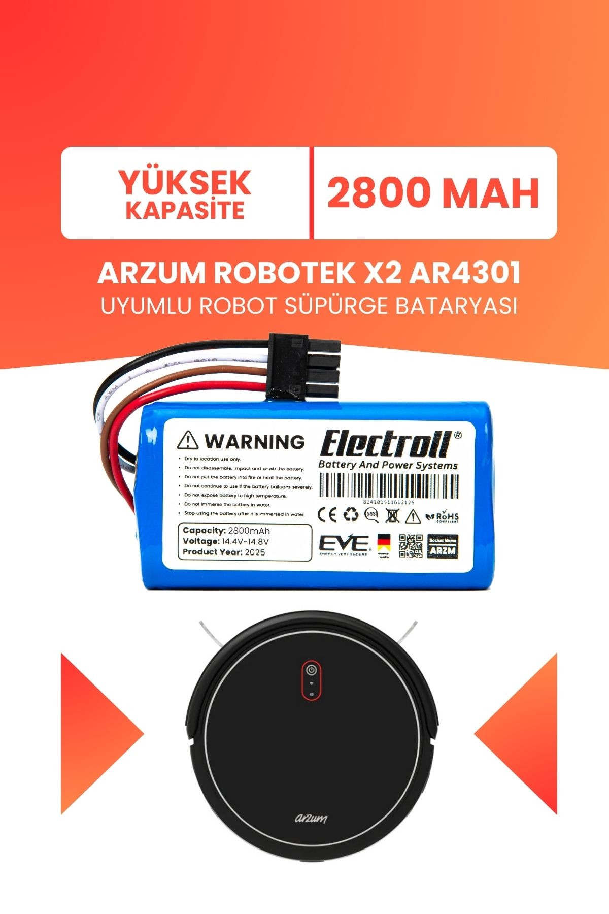 Arzum Robotek X2 AR4301 Uyumlu Batarya (YÜKSEK KAPASİTE) 2800mah Pil Akıllı Robot Süpürge Bataryası
