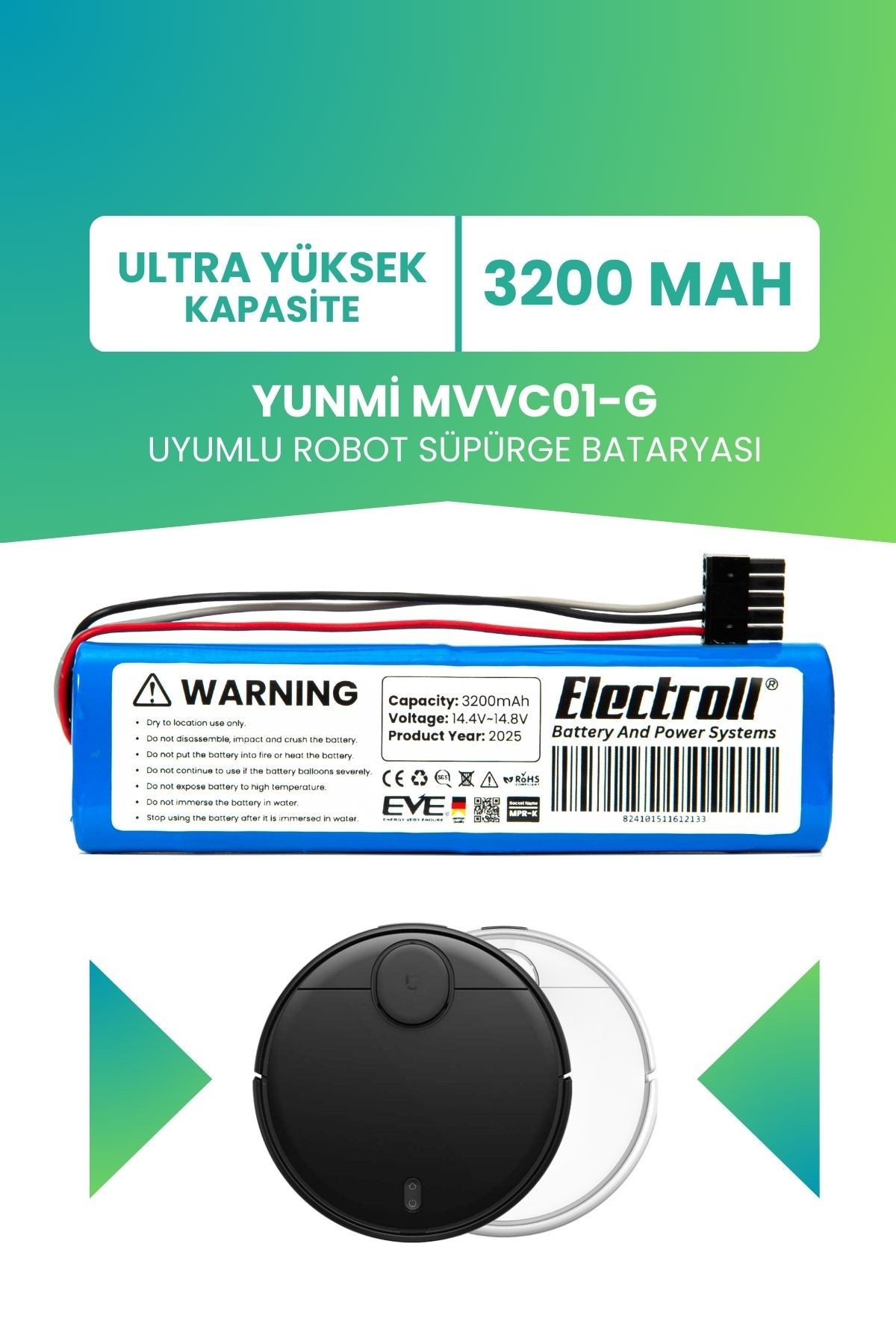 Yunmi Mvvc01-g Uyumlu Batarya (ULTRA YÜKSEK KAPASİTE) 3200mah Pil Robot Süpürge Bataryası Değişimi