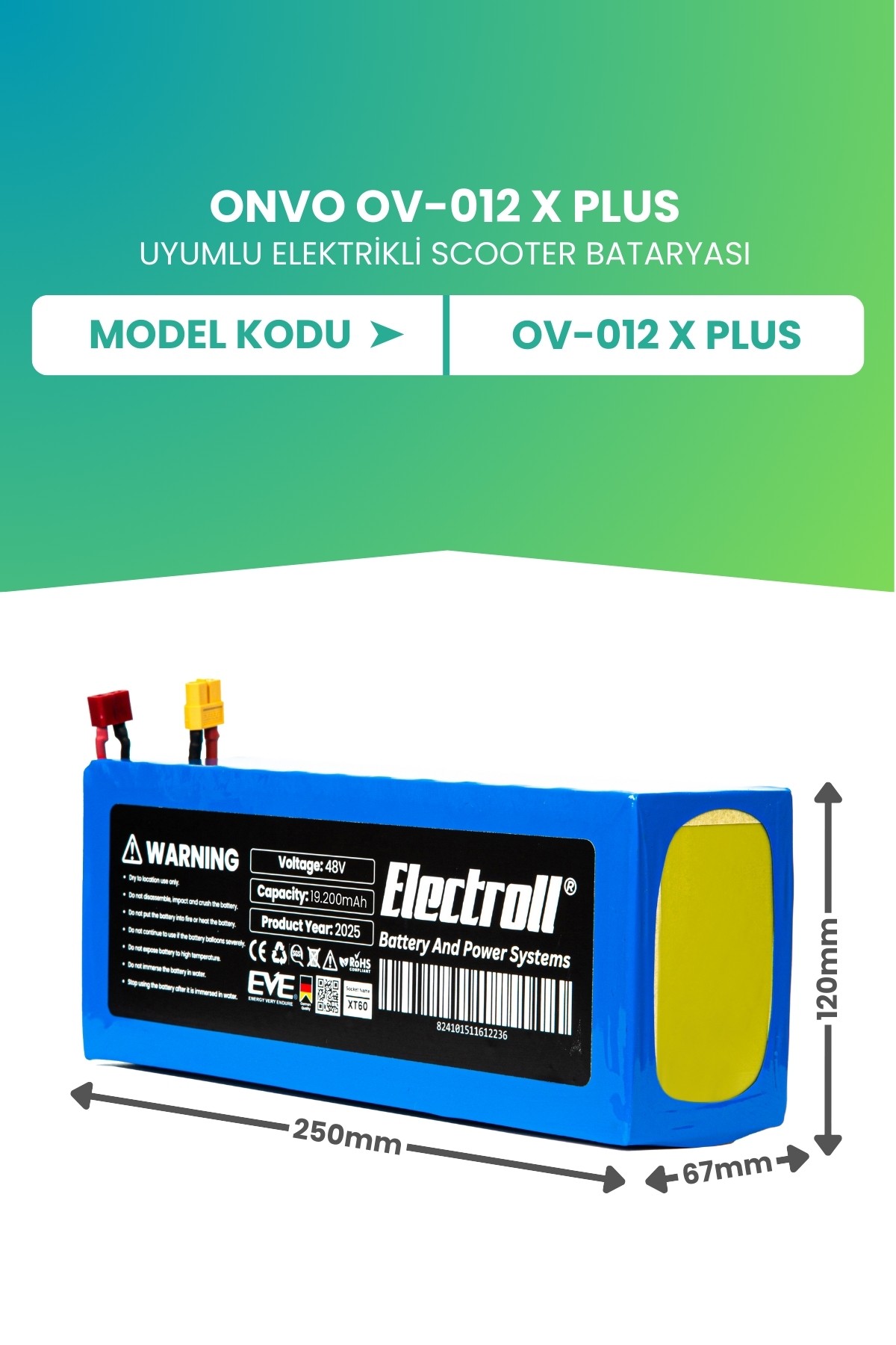 Onvo Ov-012 X Plus (ULTRA YÜKSEK KAPASİTE) Batarya 48v 19.2ah Pil Elektrikli Scooter Bataryası
