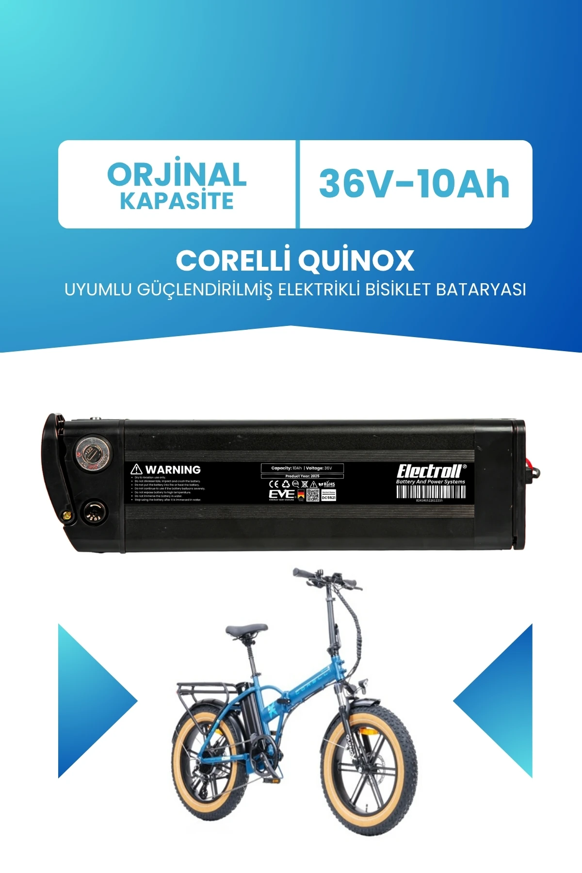 Corelli Quinox Uyumlu 36V 10Ah Güçlendirilmiş Elektrikli Bisiklet Bataryası