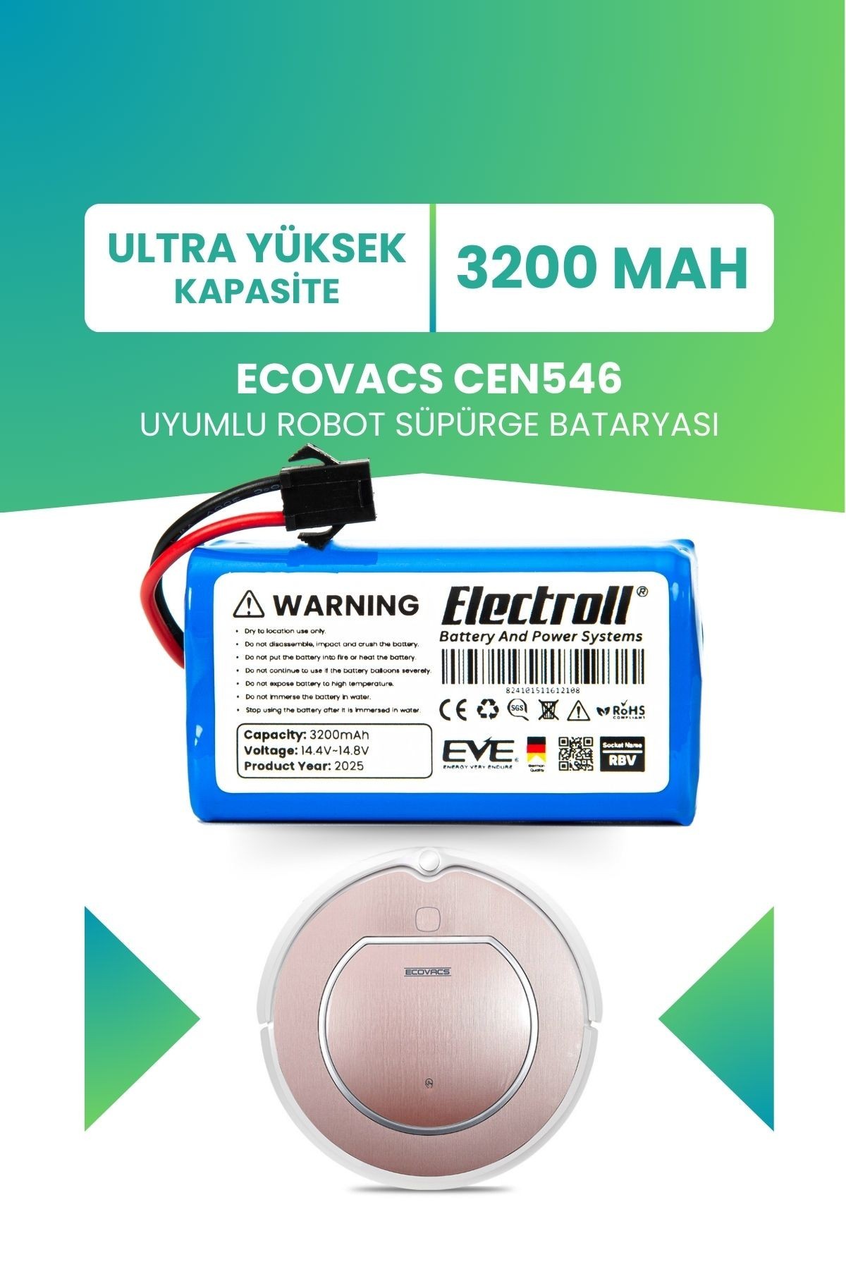 Ecovacs Cen546 Uyumlu Batarya (ULTRA YÜKSEK KAPASİTE) 3200mah Pil Robot Süpürge Bataryası