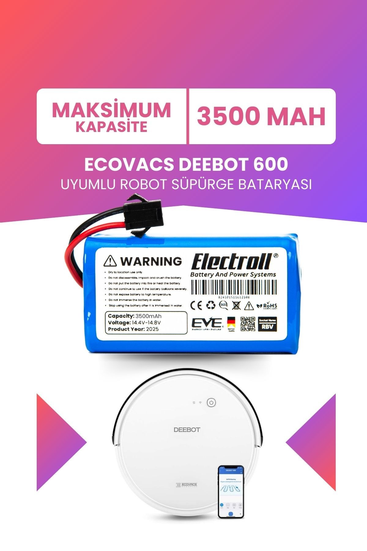 Ecovacs Deebot 600 Uyumlu Batarya (MAKSİMUM KAPASİTE) 3500mah Pil Robot Süpürge Bataryası