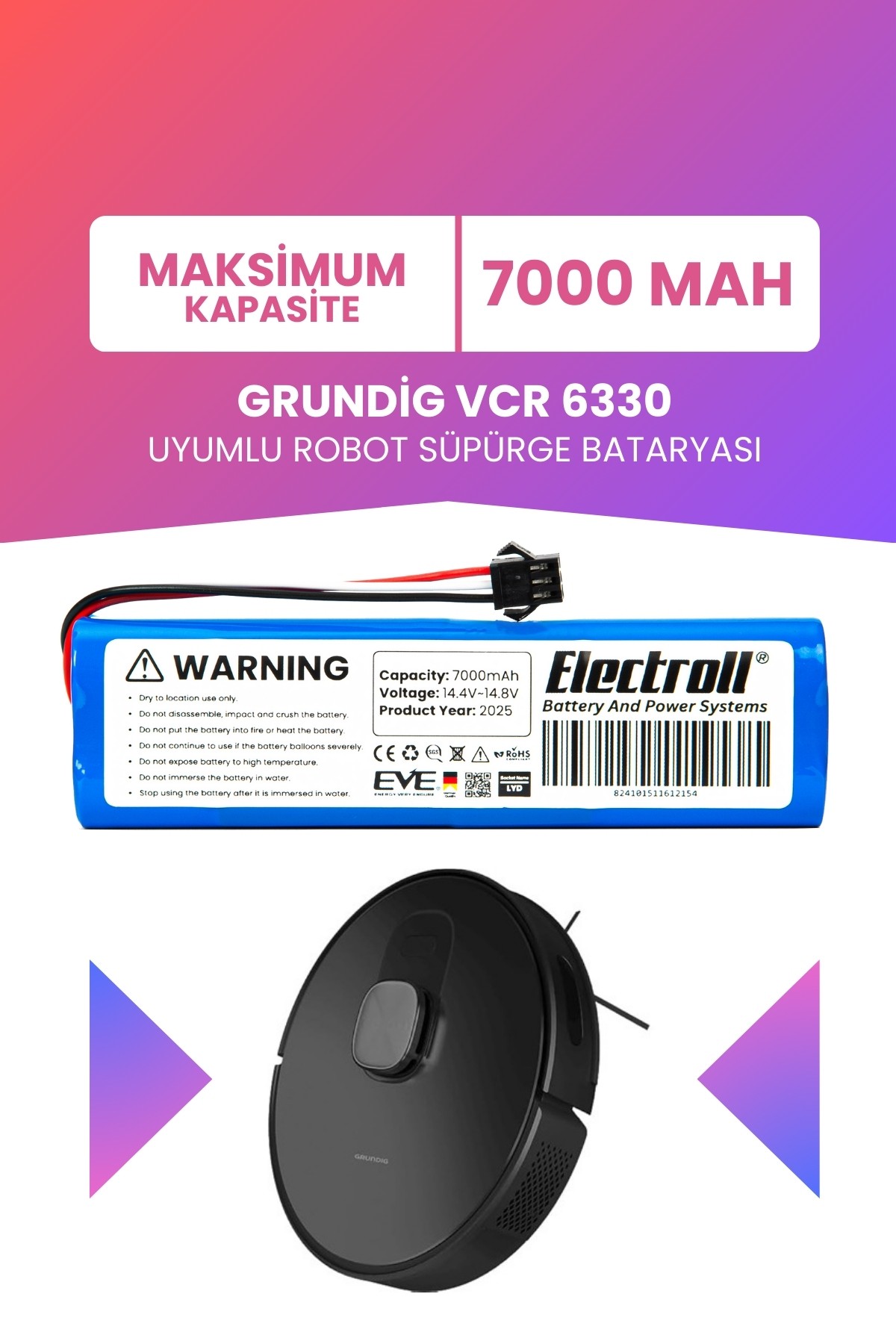 Grundig Vcr 6330 Uyumlu Batarya (MAKSİMUM KAPASİTE) 7000mah Robot Süpürge Bataryası
