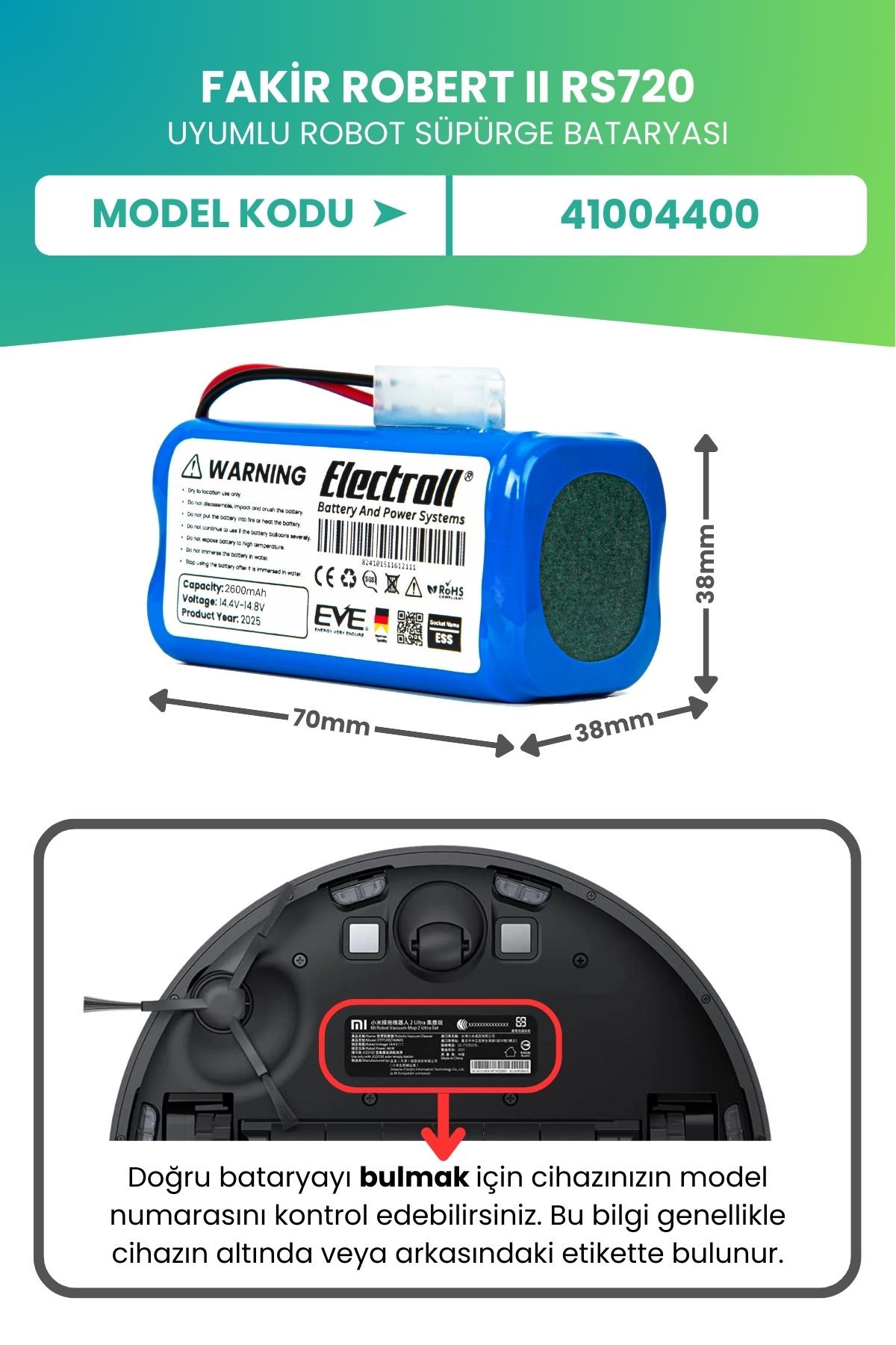 Fakir Robert Iı Rs720 Uyumlu Batarya (ULTRA YÜKSEK KAPASİTE) 3200mah Pil Robot Süpürge Bataryası