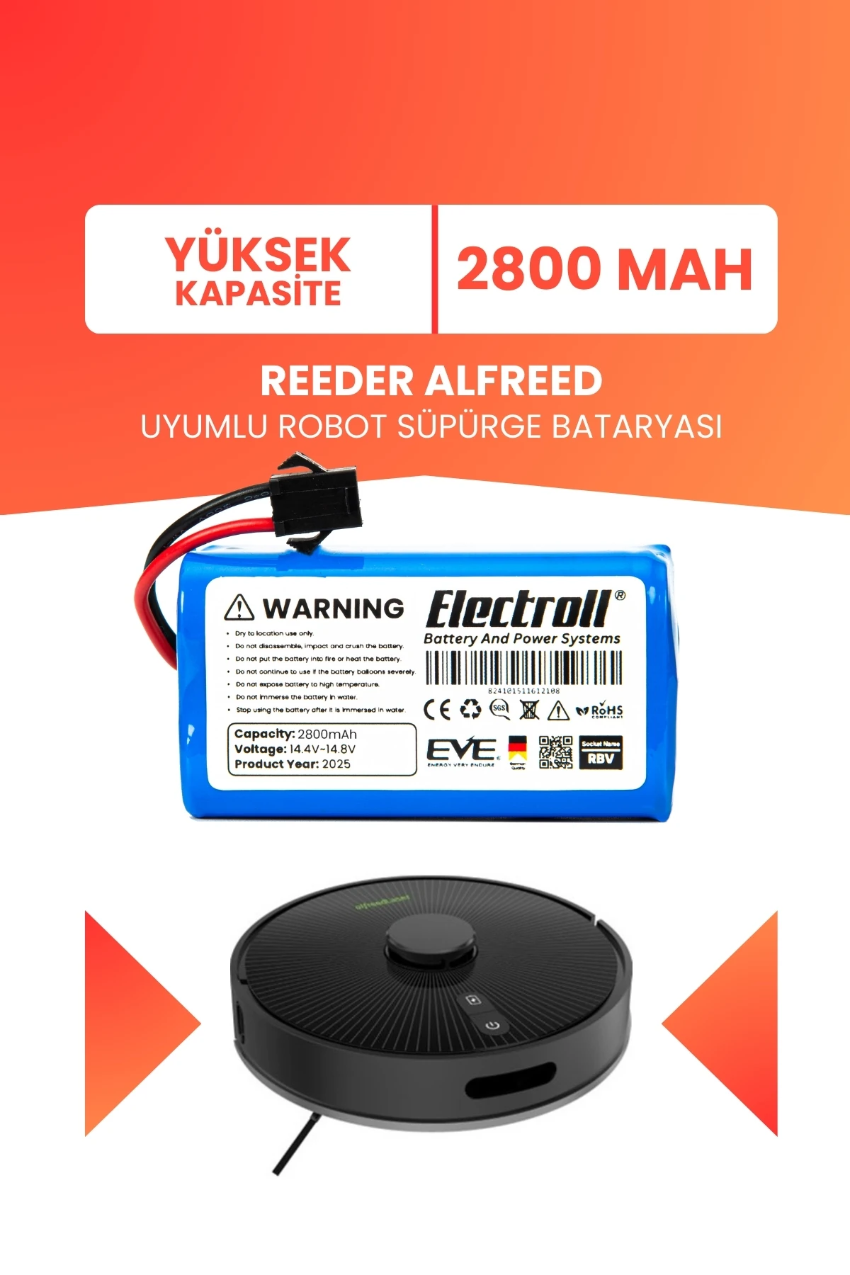 Reeder Alfreed Uyumlu Batarya (YÜKSEK KAPASİTE) 2800mah Pil Robot Süpürge Batarya Değişimi