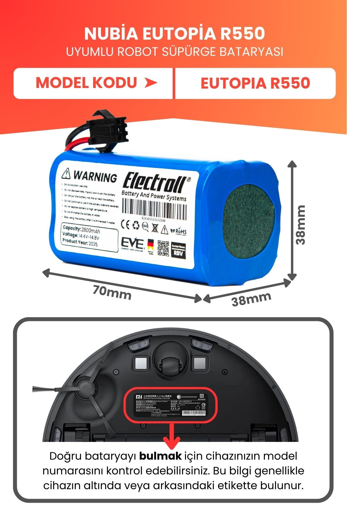 Nubia Eutopia R550 Uyumlu Batarya (YÜKSEK KAPASİTE) 2800mah Pil Robot Süpürge Bataryası