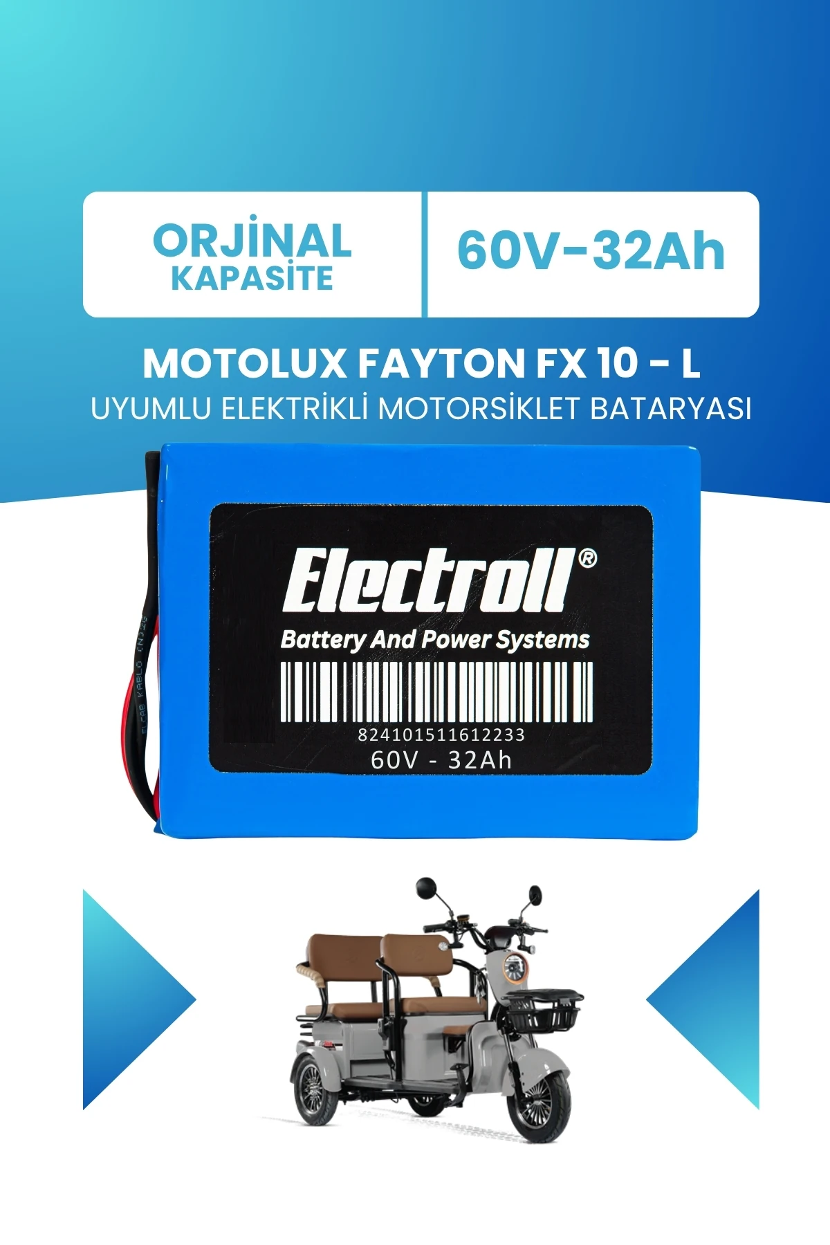 Motolux Fayton FX 10 - L Uyumlu Batarya (Standart Kapasite) LiFePO4 60V 32Ah Elektrikli Motorsiklet Bataryası