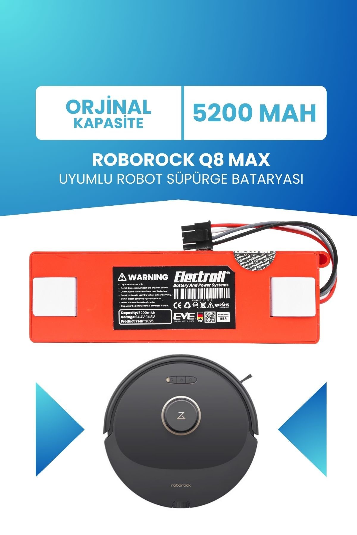 Roborock Q8 Max Uyumlu Batarya (ORJİNAL KAPASİTE) 5200mah Kutulu Robot Süpürge Bataryası Değişimi