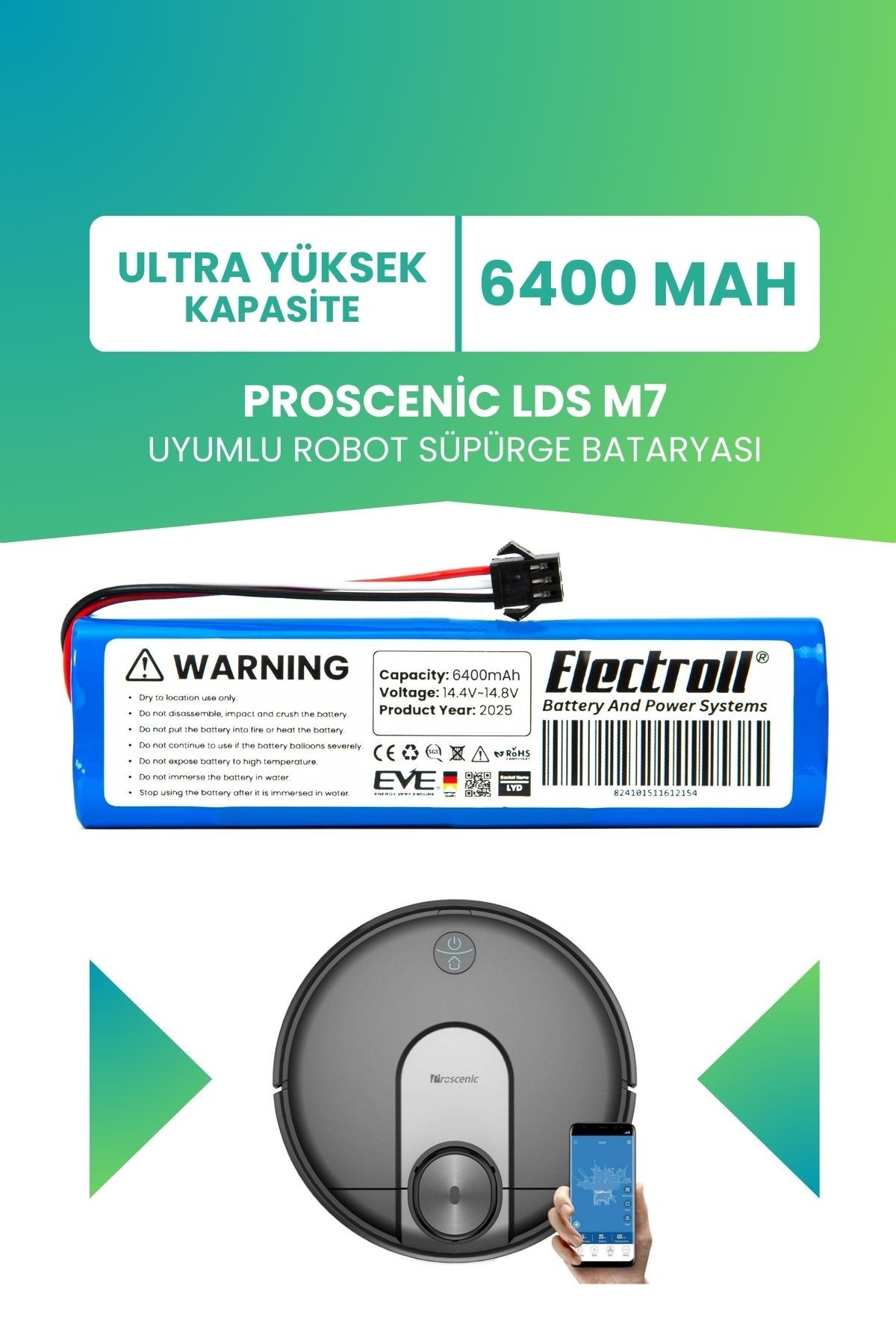 Proscenic Lds M7 Uyumlu Batarya (ULTRA YÜKSEK KAPASİTE) 6400mah Pil Robot Süpürge Bataryası Değişimi