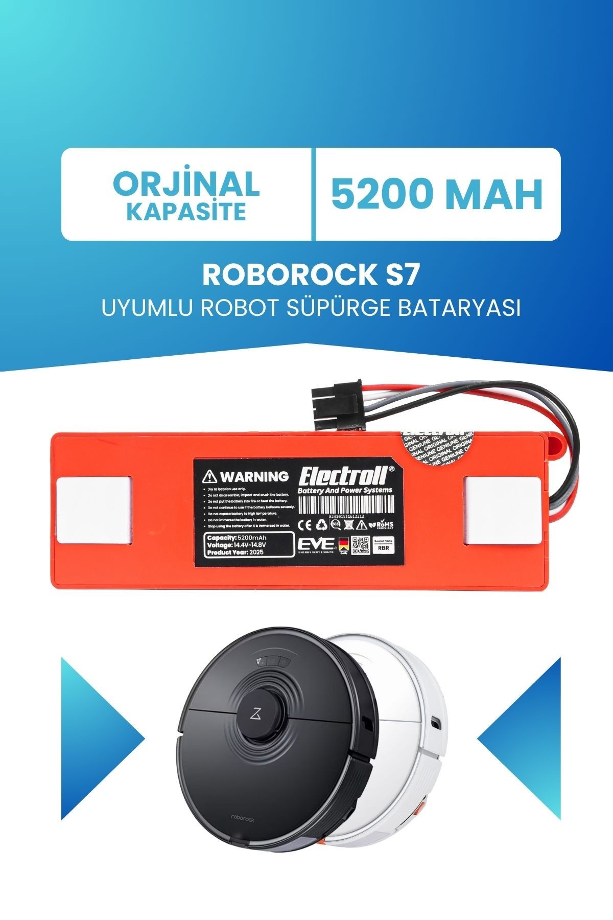 Roborock S7 Uyumlu Batarya (ORJİNAL KAPASİTE) 5200mah Pil Kutulu Robot Süpürge Bataryası Değişimi