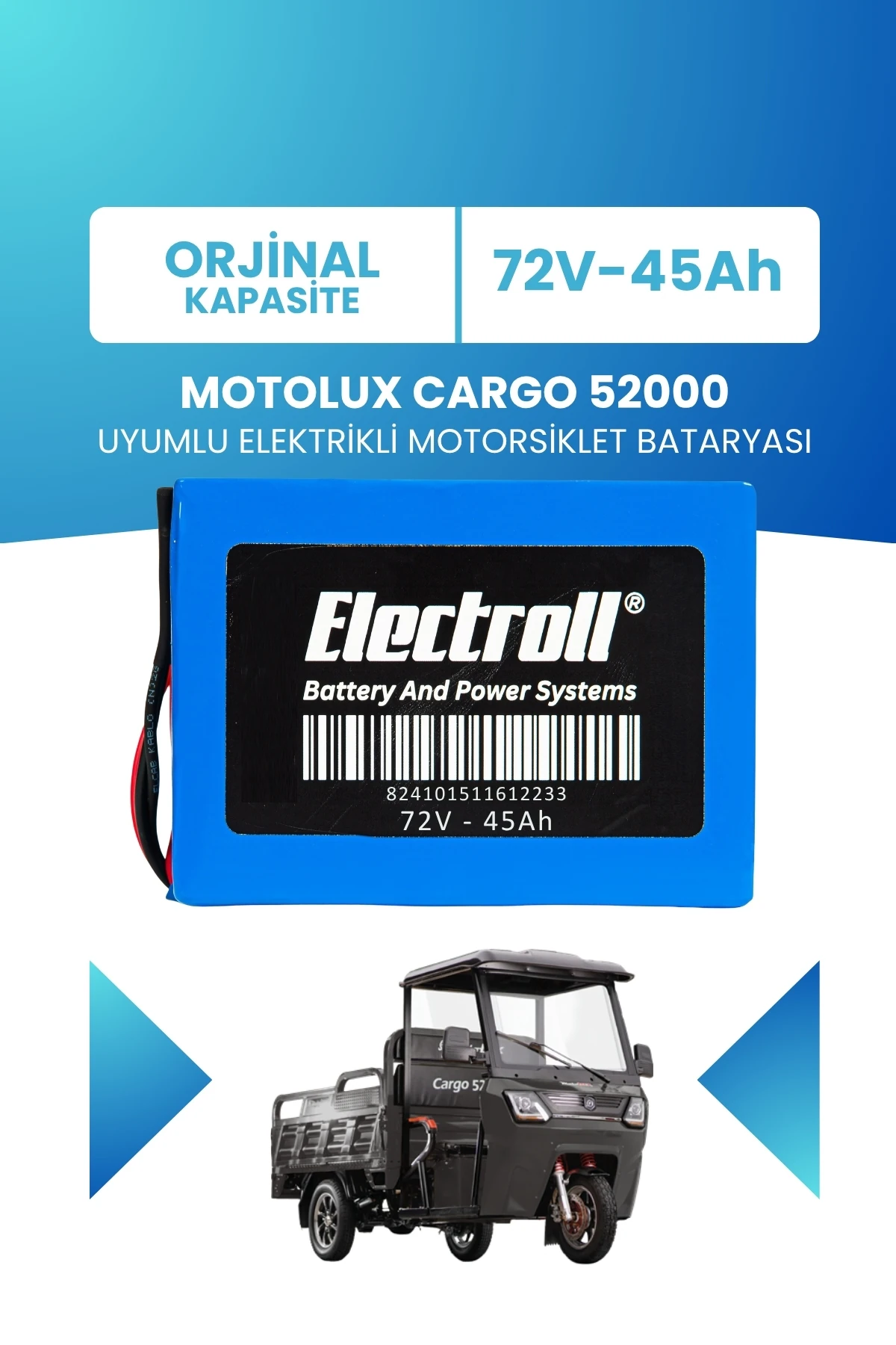 Motolux Cargo 52000 Uyumlu Batarya (Standart Kapasite) LiFePO4 72V 45Ah Elektrikli Motorsiklet Bataryası