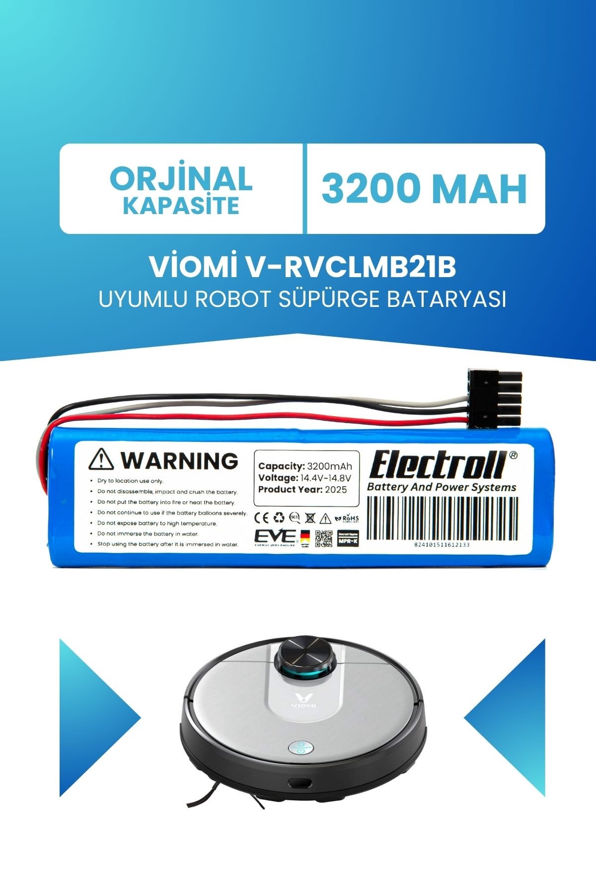 Viomi V-rvclmb21b Uyumlu Batarya (ORJİNAL KAPASİTE) 3200mah Pil Robot Süpürge Bataryası Değişimi