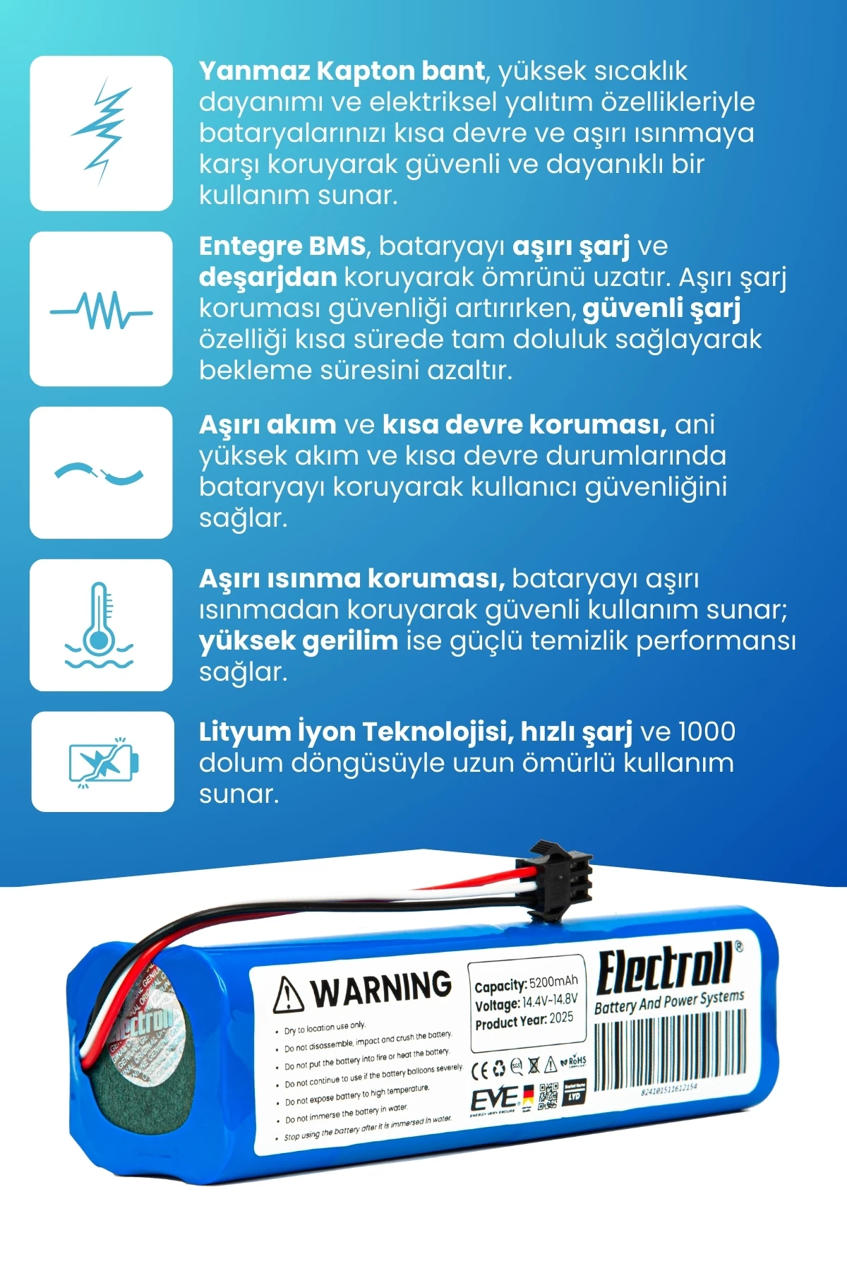 Viomi V5 Uyumlu Batarya (STANDART KAPASİTE) 5200mah Pil Robot Süpürge Bataryası Değişimi