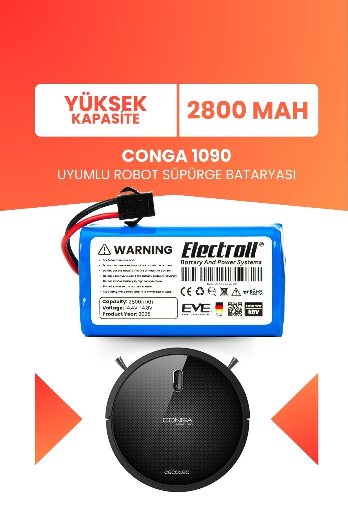 Conga 1090 Uyumlu Batarya (YÜKSEK KAPASİTE) 2800mah Pil Akıllı Robot Süpürge Bataryası