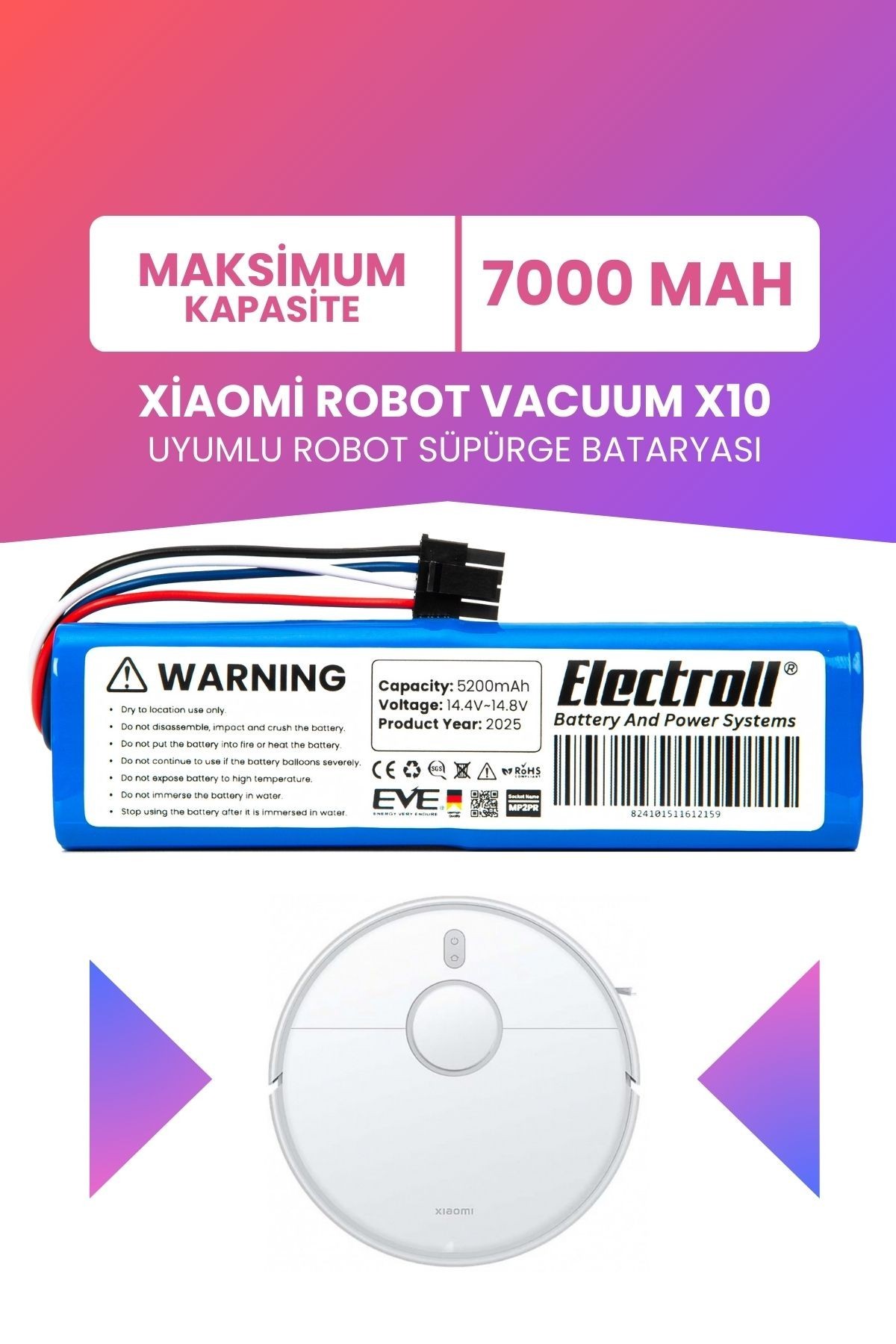 Xiaomi Robot Vacuum X10 Uyumlu Batarya (MAKSİMUM KAPASİTE) 7000mah Pil Robot Süpürge Bataryası