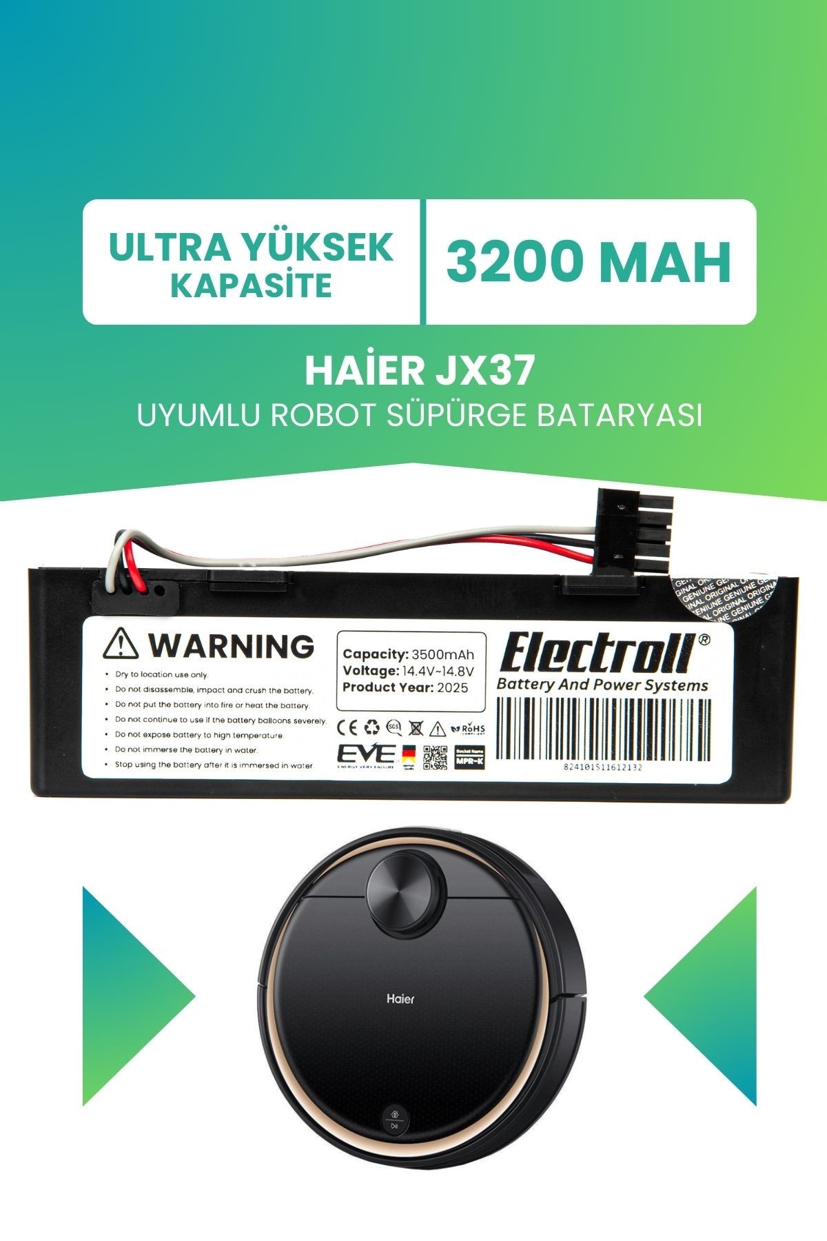 Haier Jx37 Uyumlu Batarya (ULTRA YÜKSEK KAPASİTE) 3200mah Kutulu Robot Süpürge Bataryası Değişimi