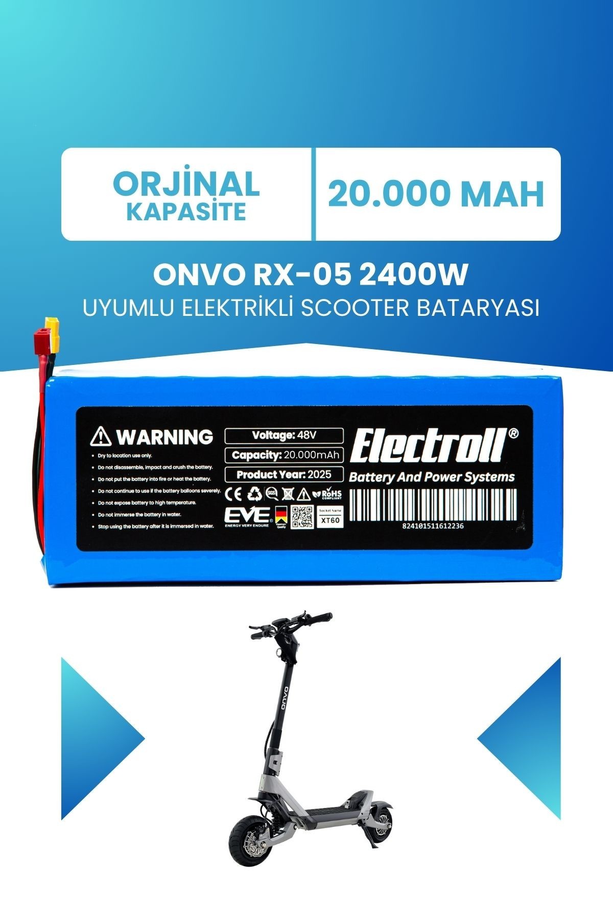 ONVO RX-05 2400W 60V 20AH Elektrikli Scooter Bataryası