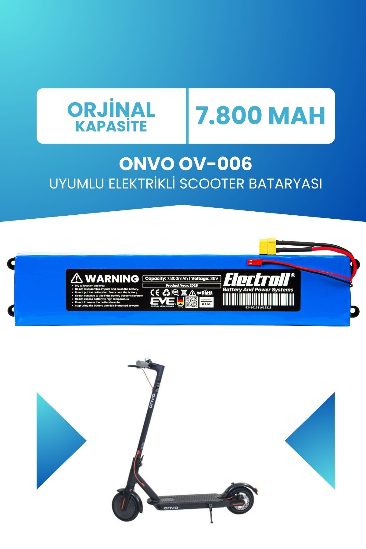 Onvo Ov-006 Uyumlu Batarya (ORİJİNAL KAPASİTE) 36v 7.800mah Elektrikli Scooter Bataryası Değişimi