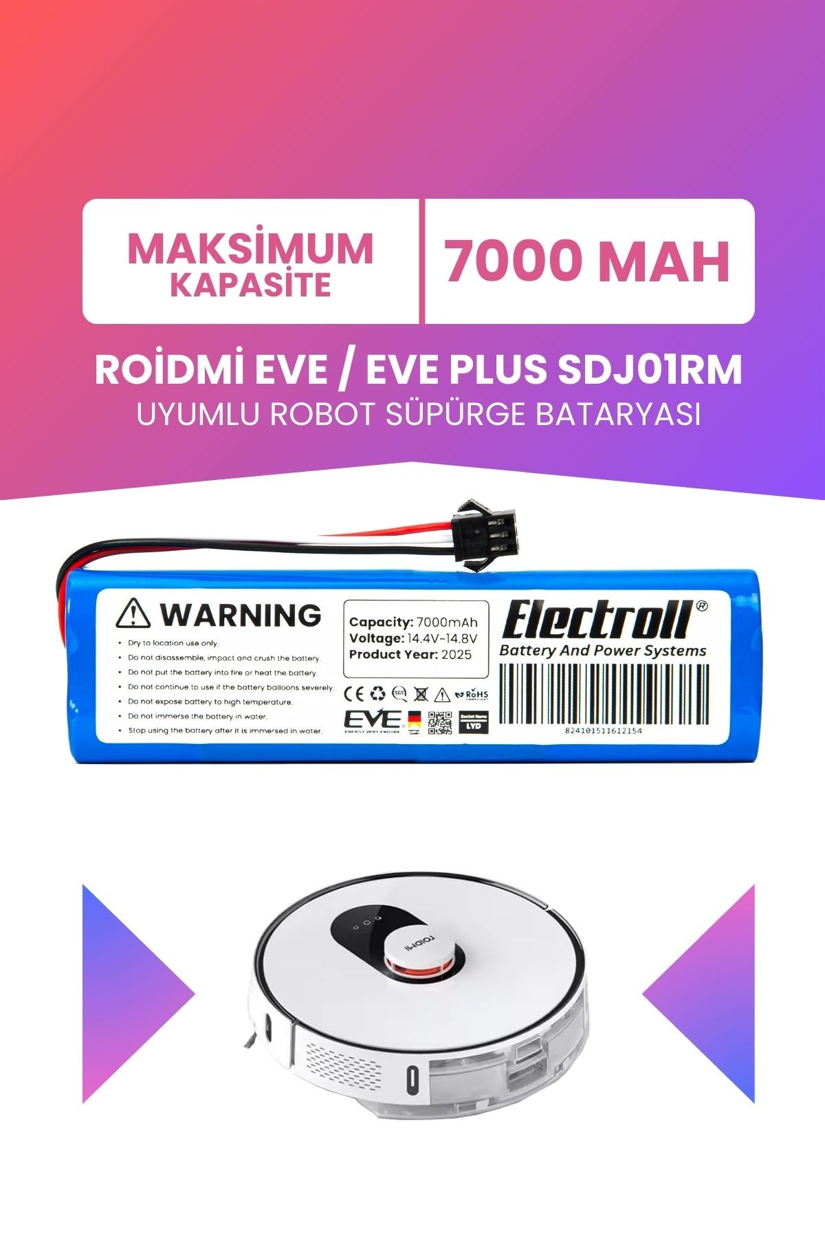 Roidmi Eve / Eve Plus Sdj01rm Uyumlu Batarya (MAKSİMUM KAPASİTE) 7000mah Pil Robot Süpürge Bataryası