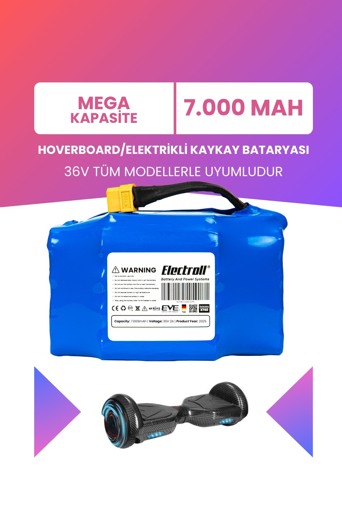 Hoverboard / Elektrikli Kaykay Bataryası 36v 7.000mah (MEGA KAPASİTE) Güçlendirilmiş Batarya