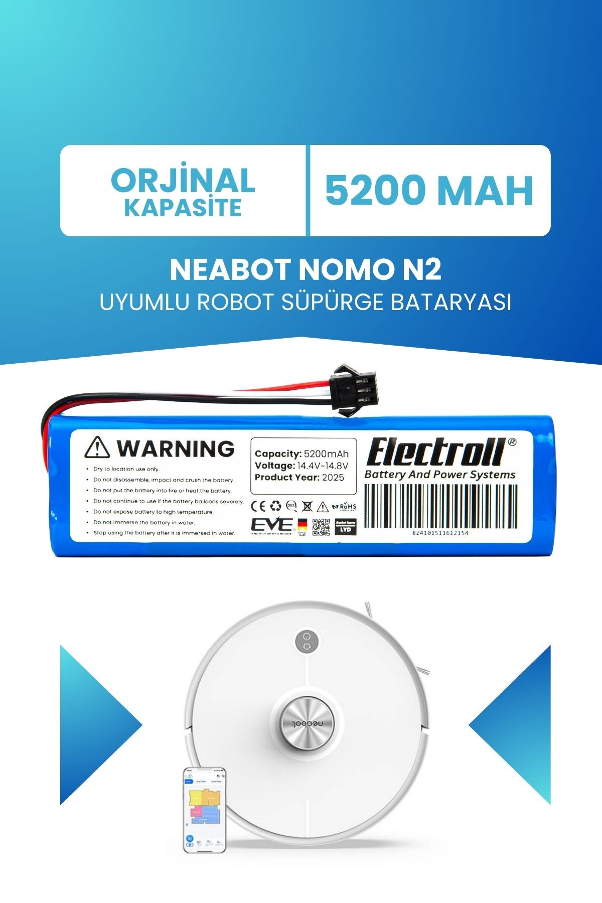 Neabot Nomo N2 Uyumlu Batarya (ORJİNAL KAPASİTE) 5200mah Pil Robot Süpürge Bataryası Değişimi