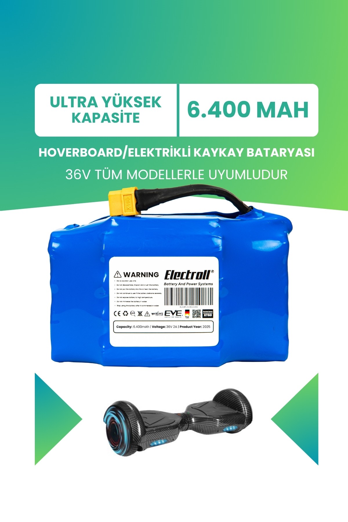 Hoverboard / Elektrikli Kaykay Bataryası 36v 6.400mah (ULTRA YÜKSEK KAPASİTE) Güçlendirilmiş Batarya