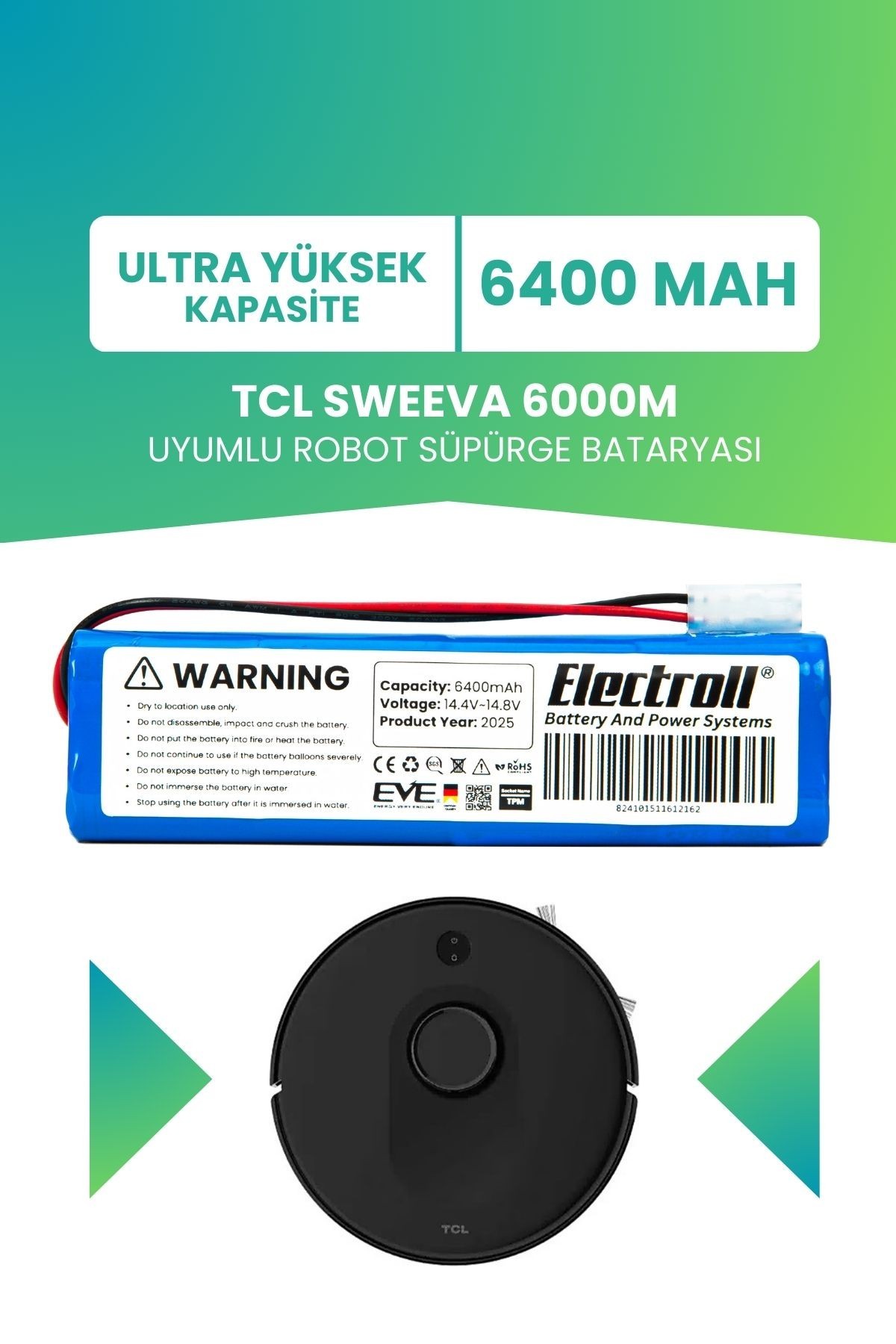 Tcl Sweeva 6000m Uyumlu Batarya (ULTRA YÜKSEK KAPASİTE) 6400mah Pil Robot Süpürge Bataryası Değişimi
