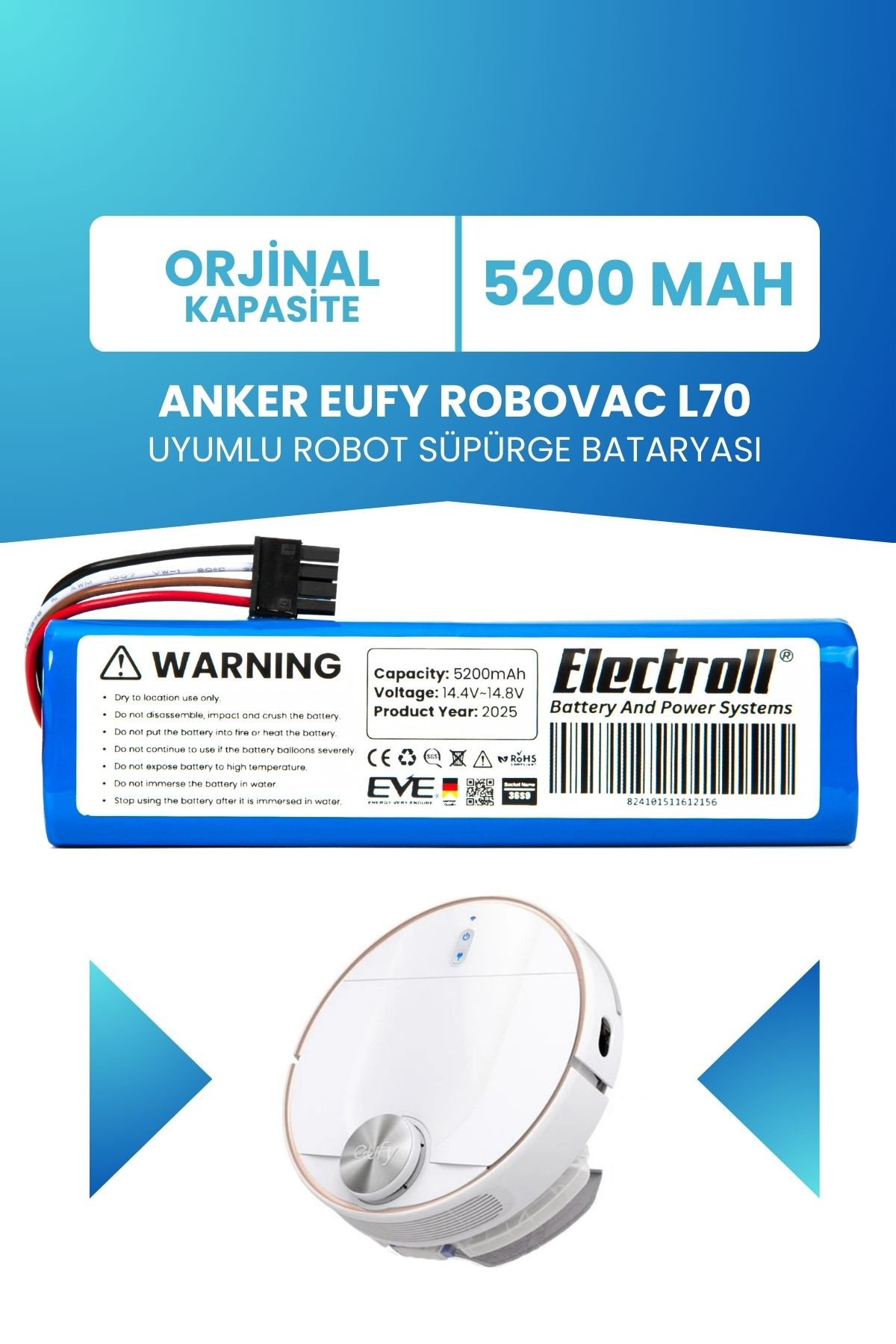 Anker Eufy Robovac L70 Hybrid Batarya (ORJİNAL KAPASİTE) 5.200mah Pil Robot Süpürge Batarya Değişimi